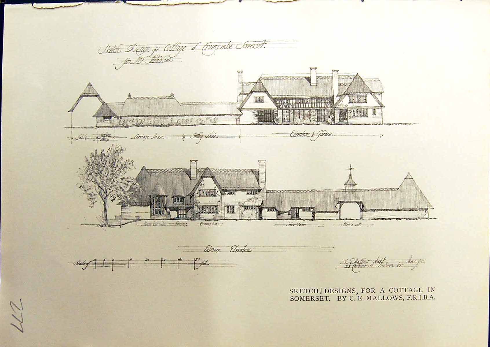 Antique Old Print Architecture Design Cottage Somerset Mallows Crowcombe 1914
