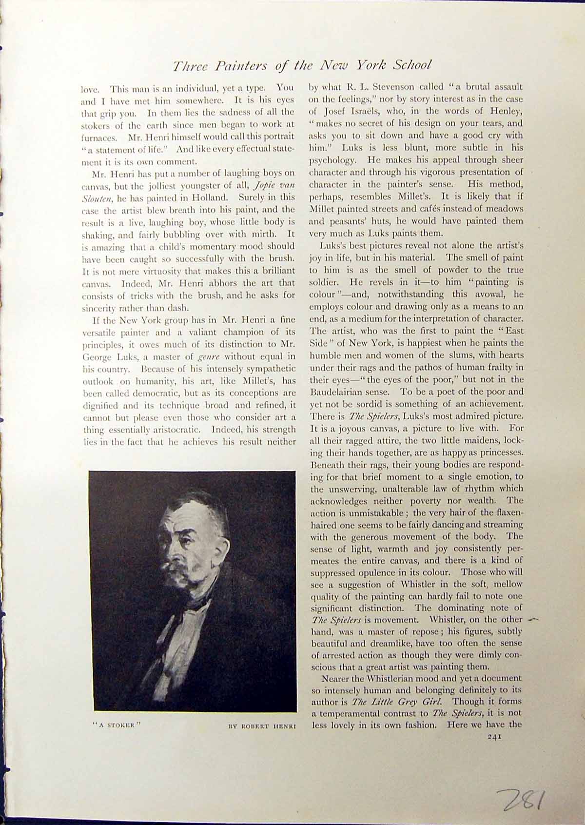 Old Antique Print Stoker Robert Henri 1914 Spielers Children George Luks 20th