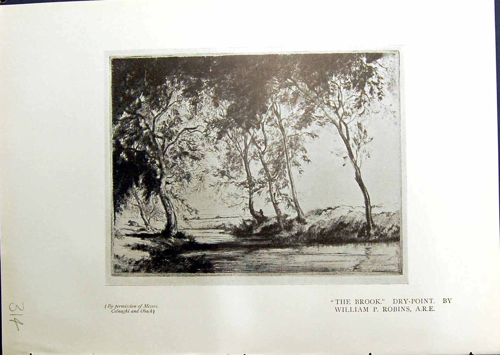 Original Old Antique Print Brook Trees William Robins Barn Farmyard 1914 20th