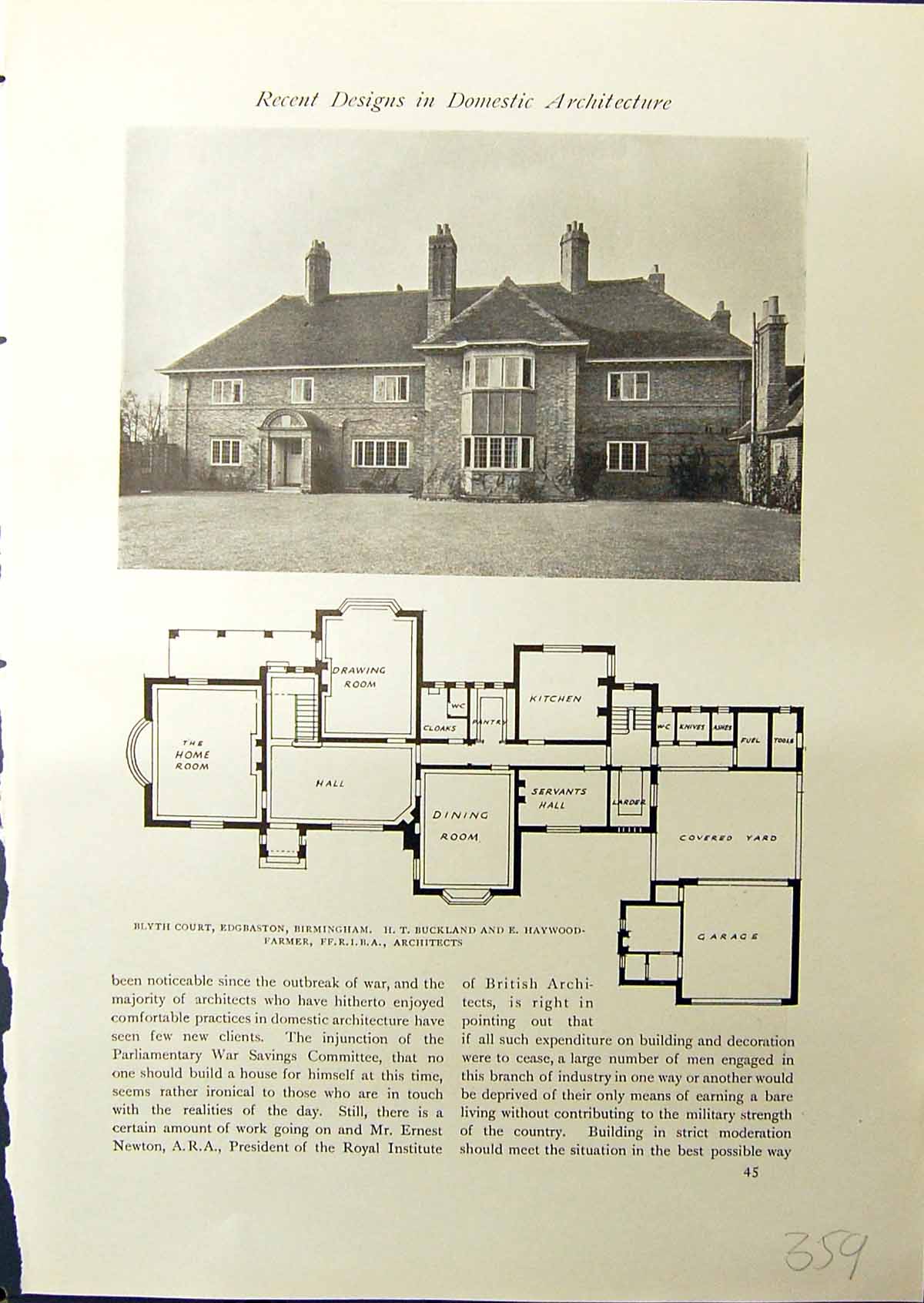 Old Plan Blythe Court Edbaston Birmingham Buckland House Hatfield 191 20th