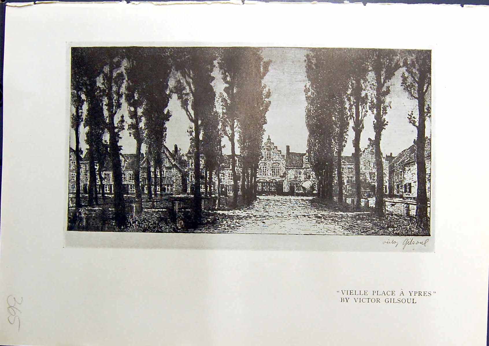 Old Print Vielle Place Ypres Victor Gilsoul Beguinage Dixmude Houses 1914 20th
