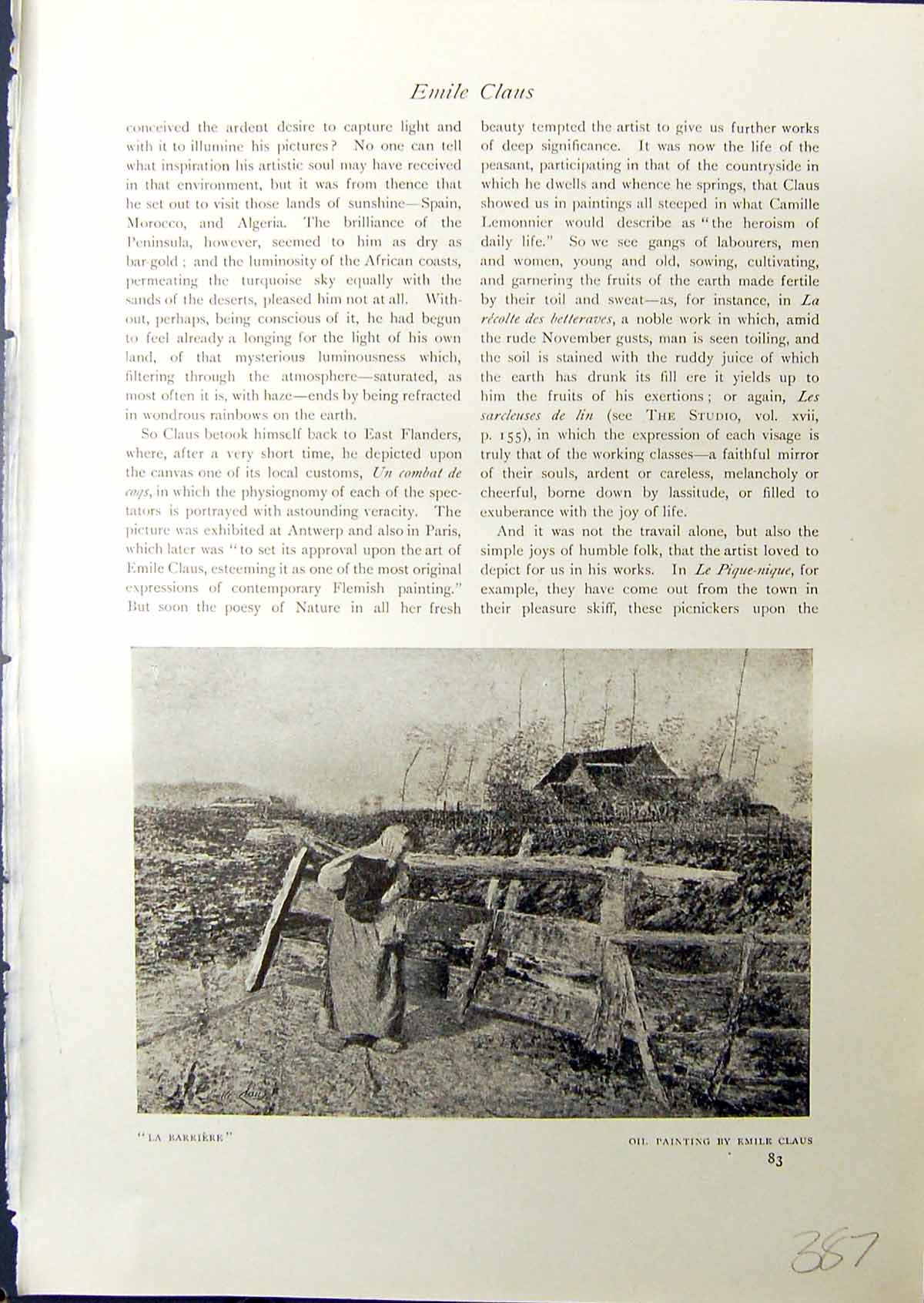 Old Print La Barriere Emile Claus 1914 Weston Hampshire House Trees Fence 20th