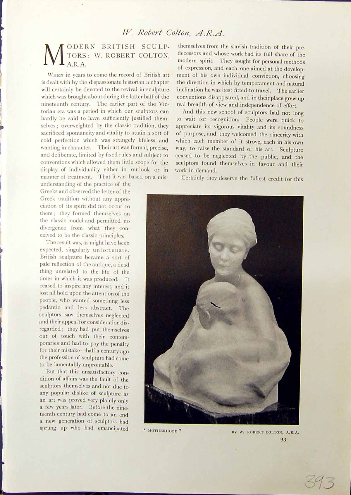Antique Print Motherhood Bust Sculpture Robert Colton 1914 Springtide Life 20th