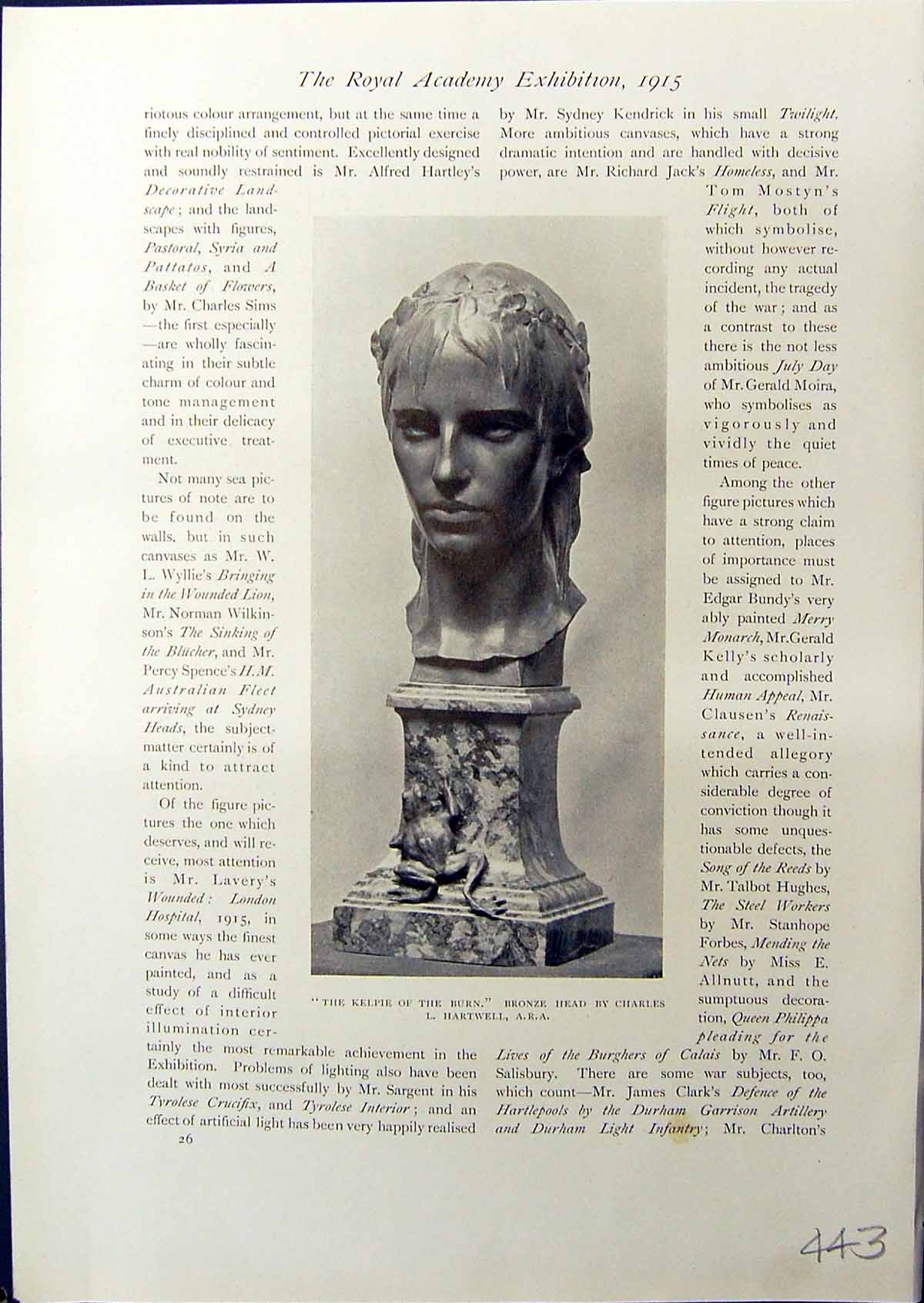 Original Old Antique Print Kelpie Burn Bronze Head Charles Hartwell 1914 20th