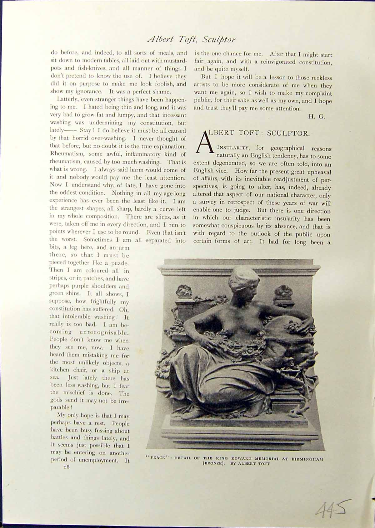 Antique Old Print 1914 Peace Detail King Edward Memorial Birmingham Albert Tt