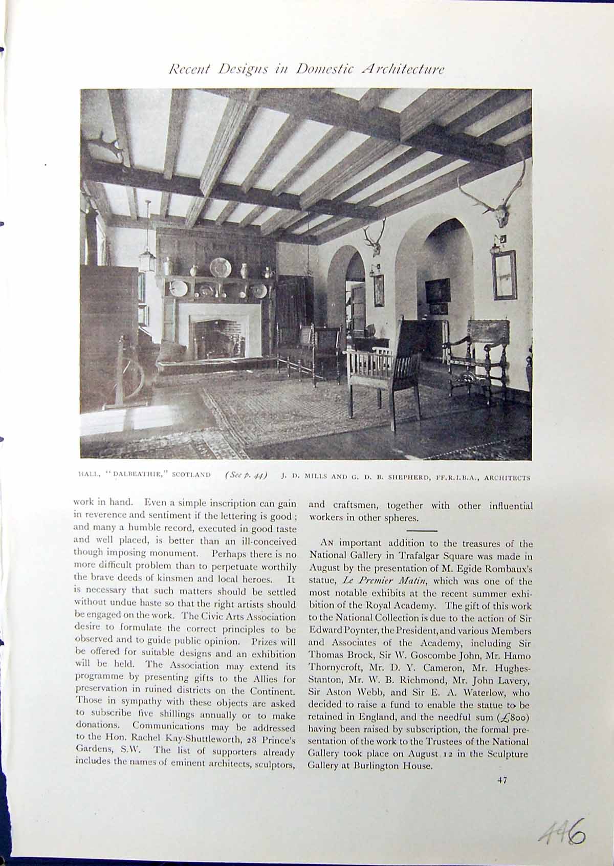Old Antique Print 1914 Hall Dalbeathie Scotland Mills Shepherd Architects 20th