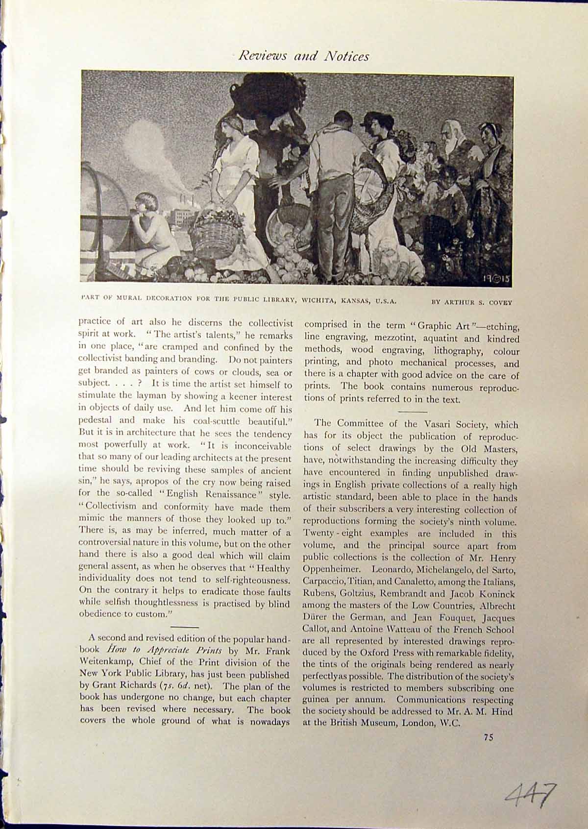 Antique Old Print 1914 Mural Decoration Public Library Wichita Kansas Covey