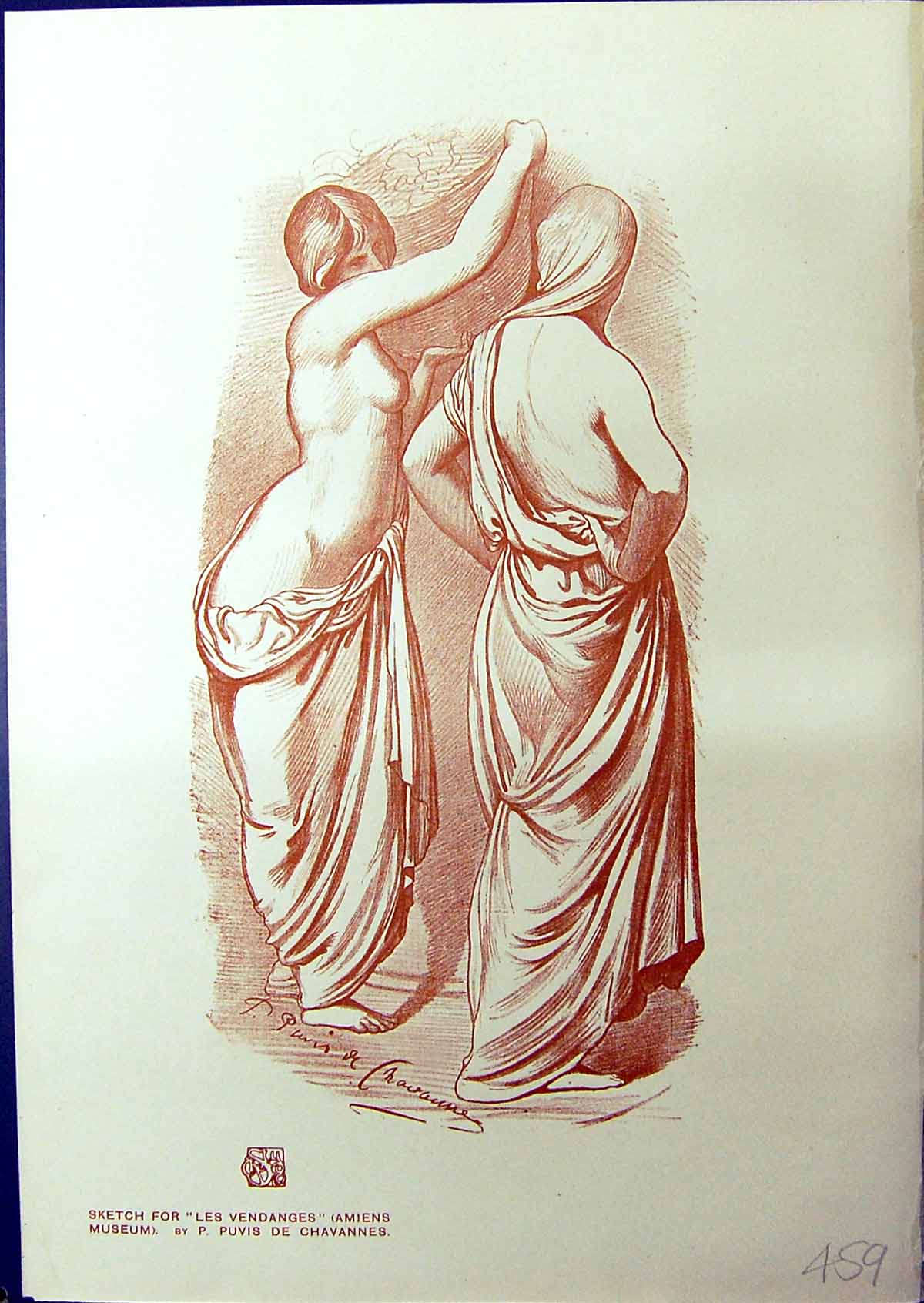 Antique Old Print Sketch Vendanges Amiens Musuem Nude Model Chavannes 1914 20th