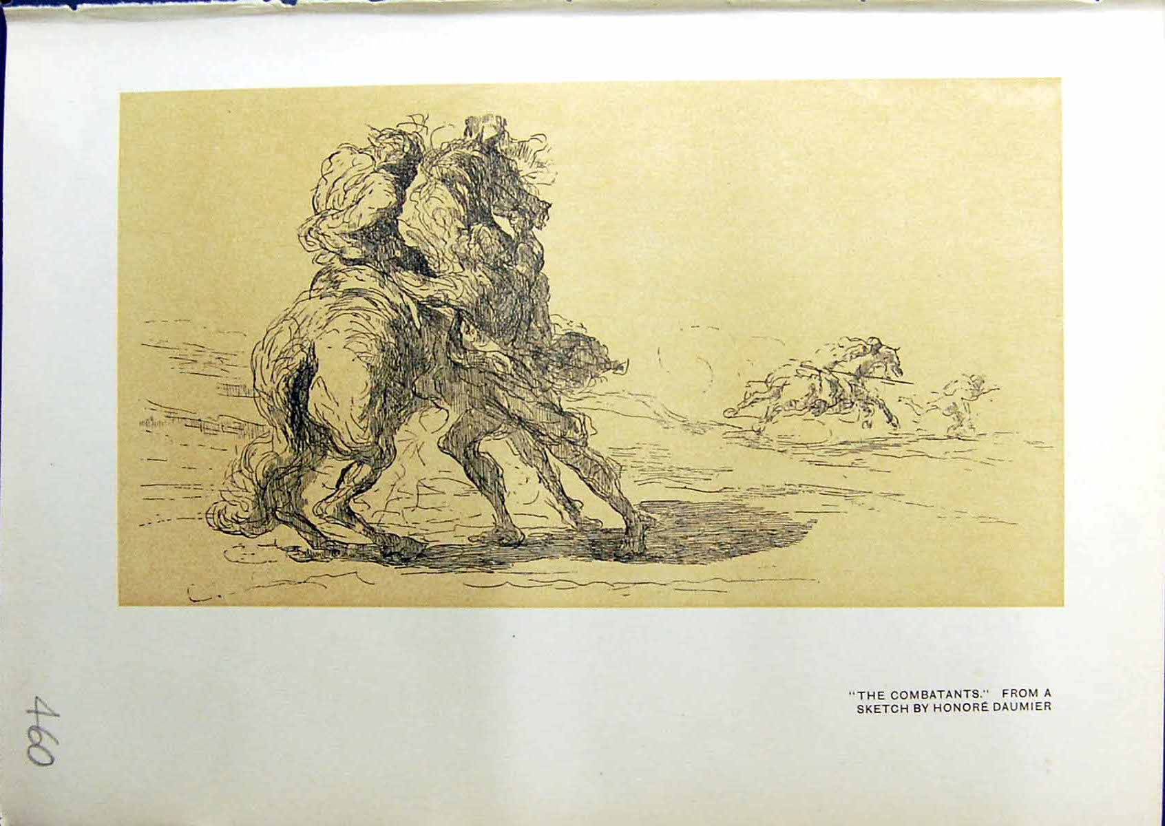 Original Old Antique Print Combatants Horses Sketch Honore Daumier 1914 Colour