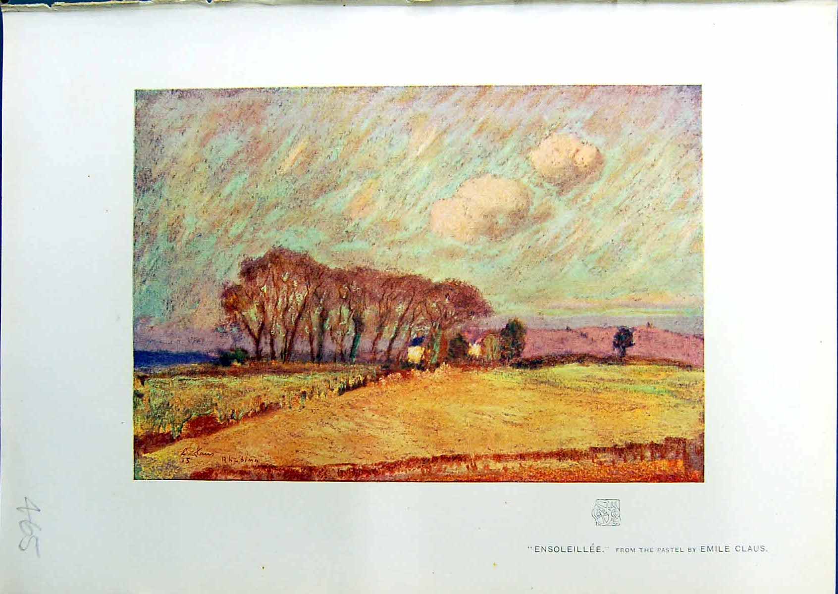 Original Old Antique Print Ensoleillee Trees Clouds Emile Claus 1914 Colour