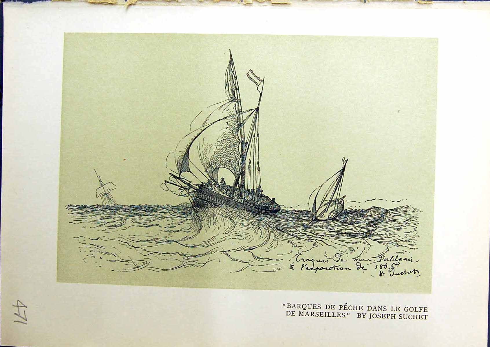 Old Antique Print 1914 Barques Peche Dans Golfe Ships Marseilles Suchet 20th