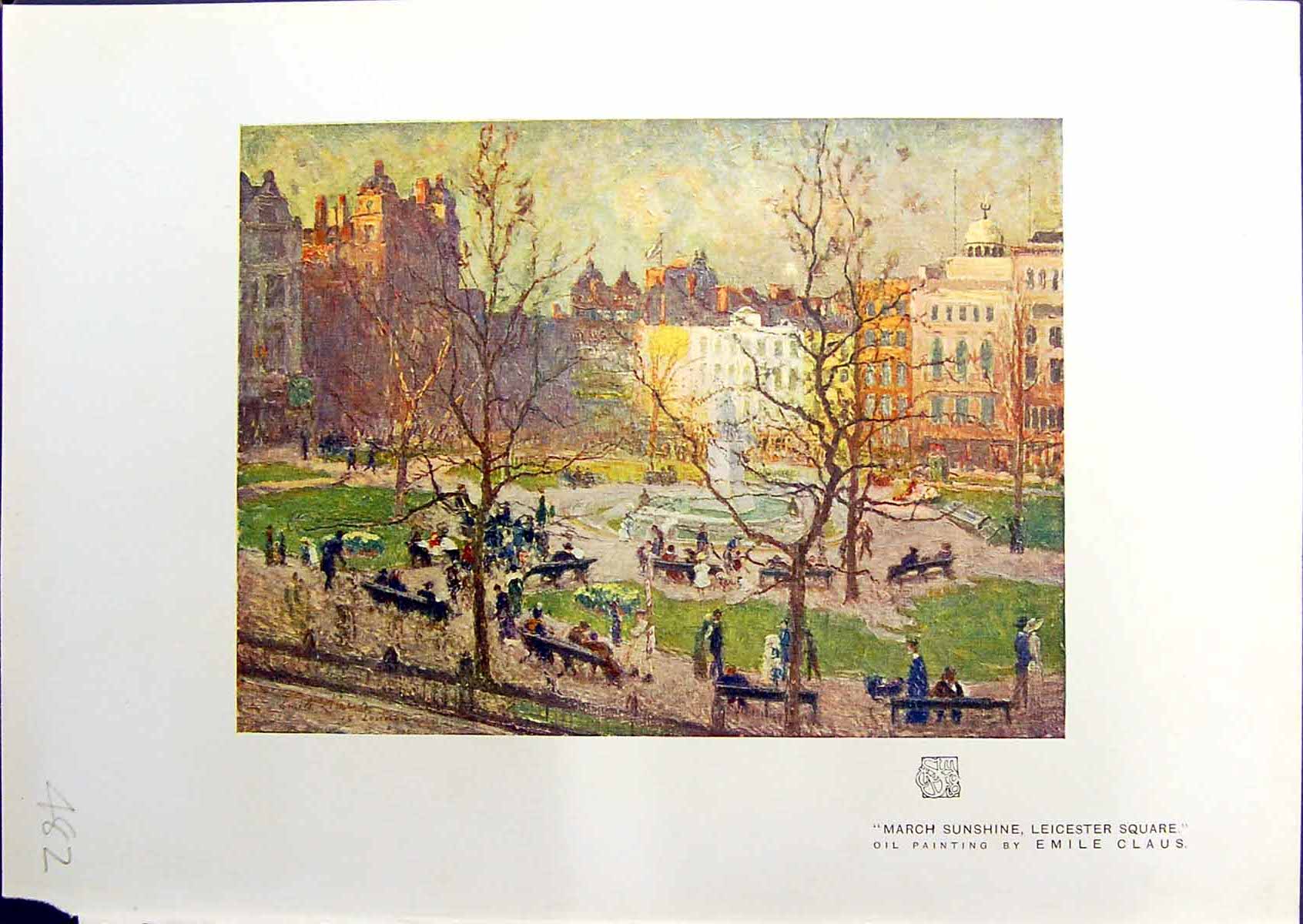 Old Antique Print March Sunshine Leicester Square London Emile Claus 1914 20th