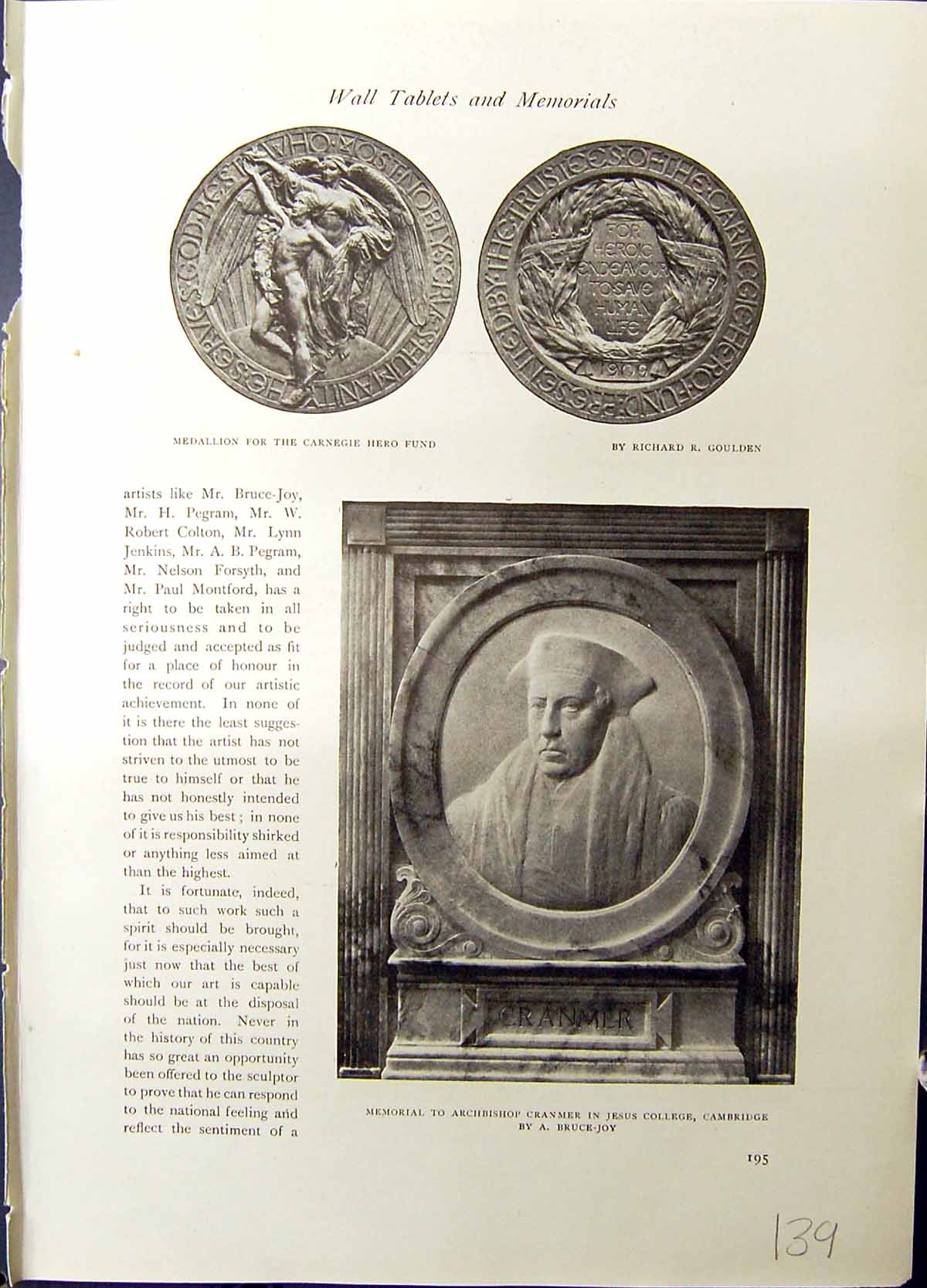 Old Memorial Archbishop Cranmet Jesus College Carnegie Medallion Oate
