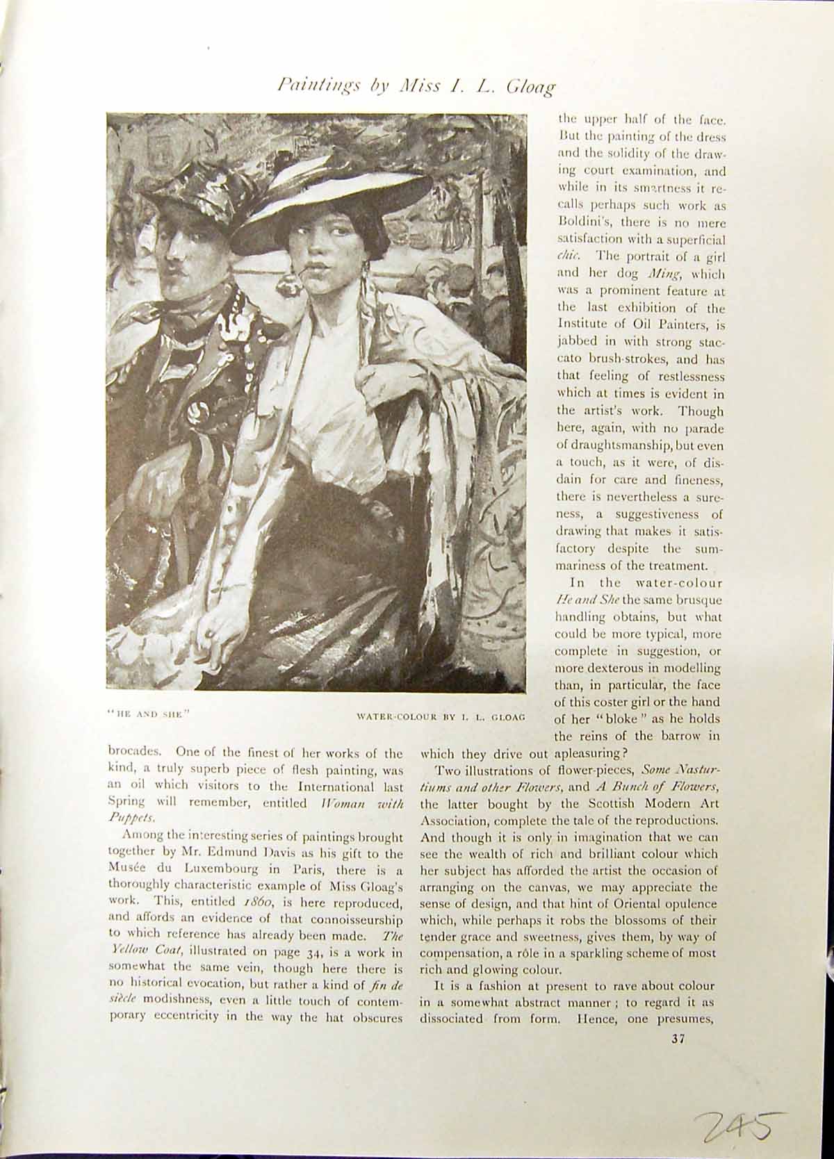 Old Antique Print Studio 1915Portrait Lady Man Gloag Flowers Nasturiums 20th