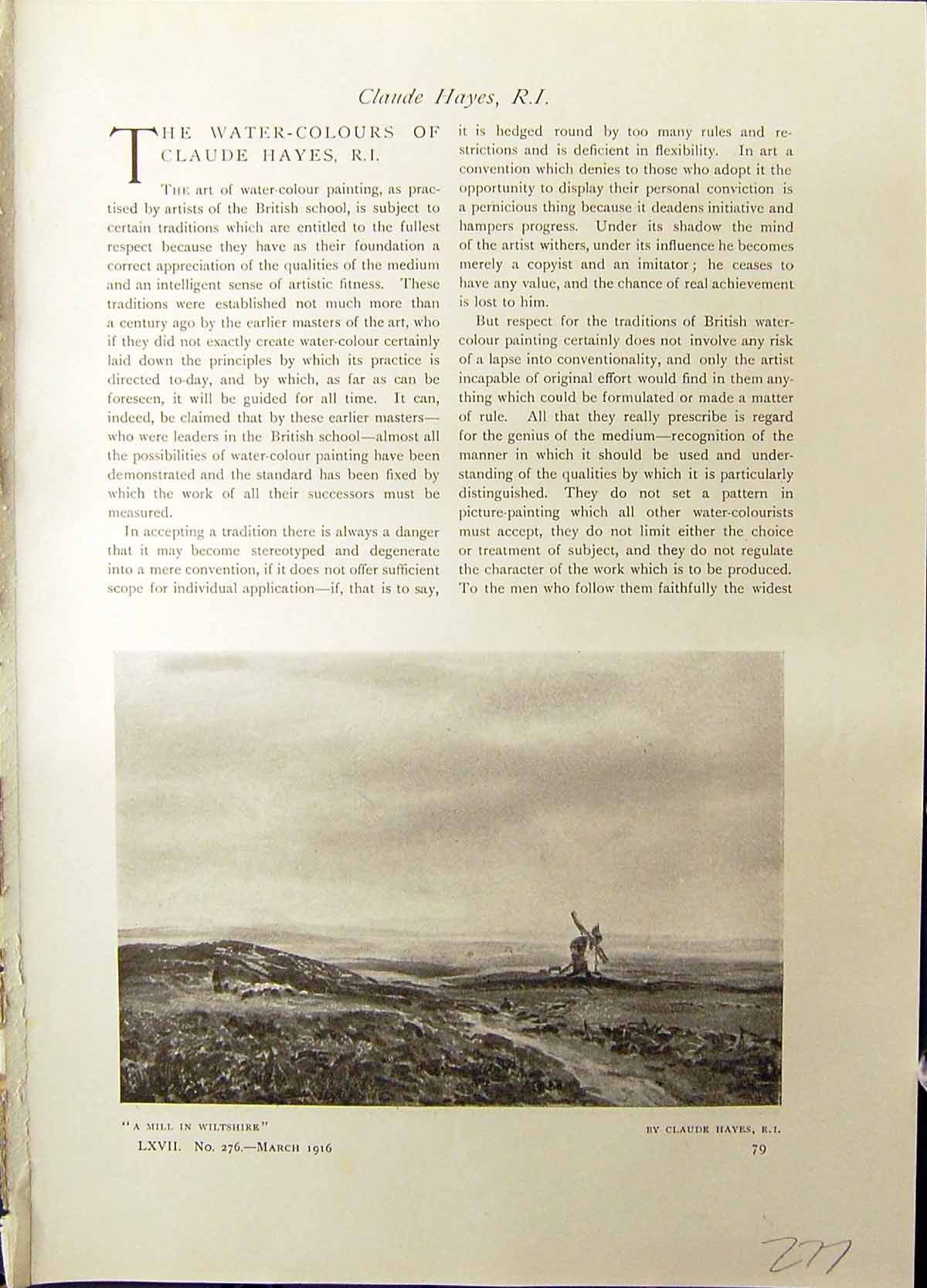Old Antique Print Windmill Wiltshire Claude Hayes Hunstanton Studio 1915 20th