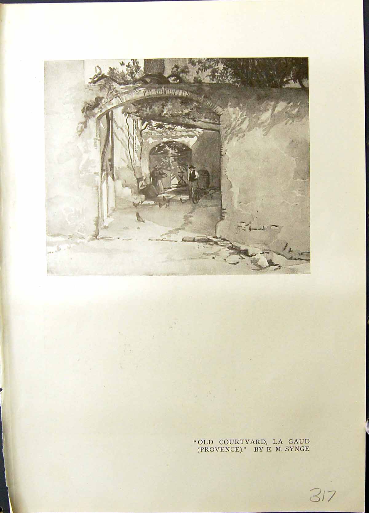 Antique Print Courtyard Gaud Synge Thaw Etaples Trees Water Colour Studio