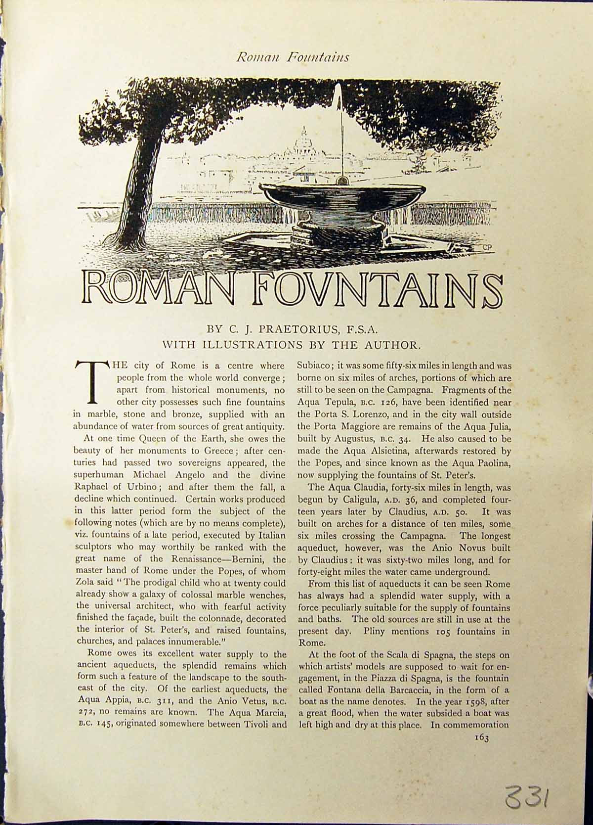 Old Studio 1915 Roman Fountains Praetorius Fontana Tritone Barberini 20th