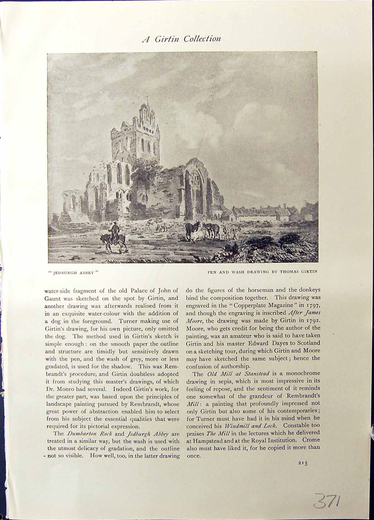 Antique Print Jedburgh Abbey Architecture Mill Stanstead Thomas Girtin Stud