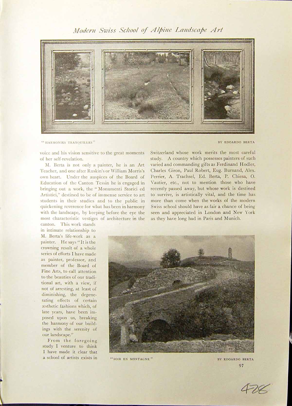 Old Studio 1915 Soir Montagne Bridge Harmonies Tranquilles Swiss Land 20th