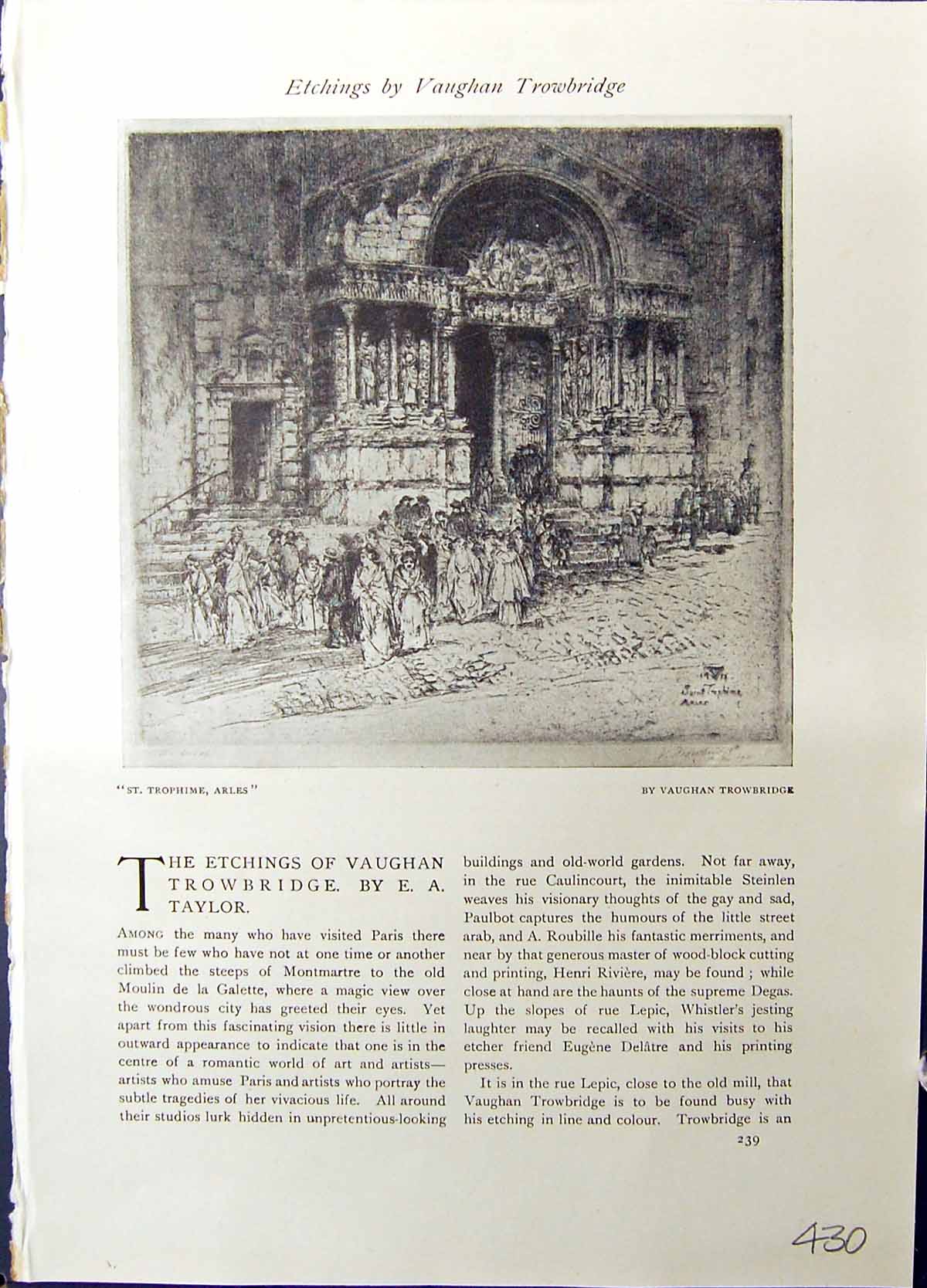 Antique Old Print Studio 1915 Etching Vaughan Torwbridge St. Trophine Arles