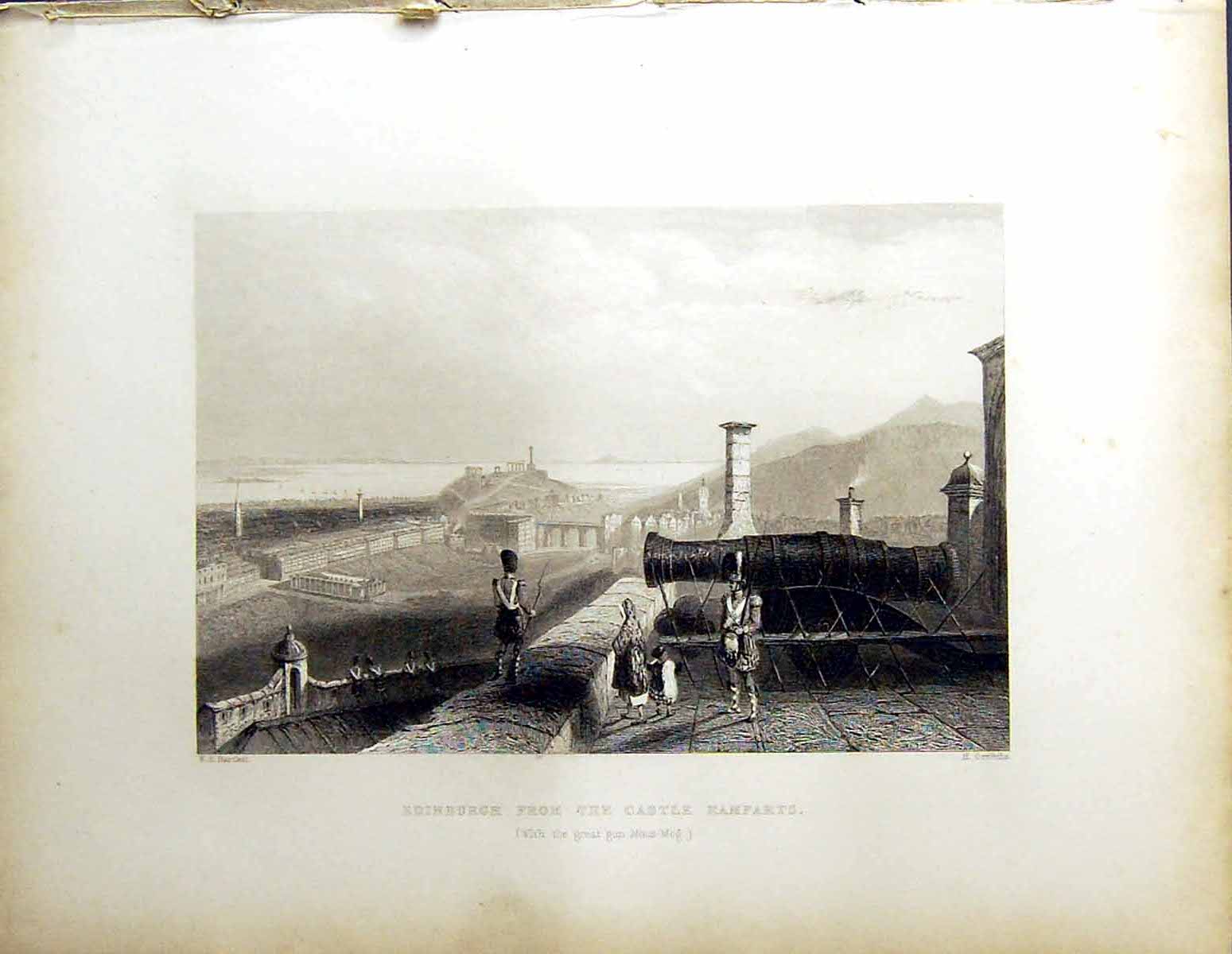Old Beattie Engraving Scotland C1836 Edinburgh Castle Ramparts Guns M 19th