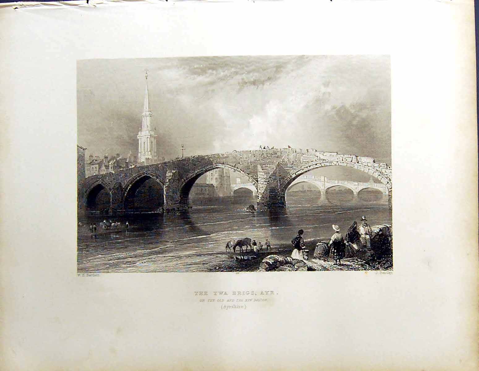 Old Twa Brigs Ayr Beattie Engraving Scotland C1836 Ayrshire Bentley B 19th