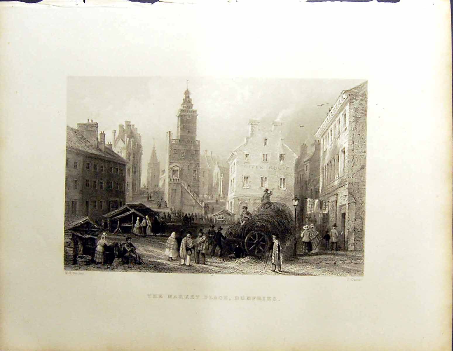 Old Beattie Engraving Scotland C1836 Market Place Dumfries Carter Bar 19th