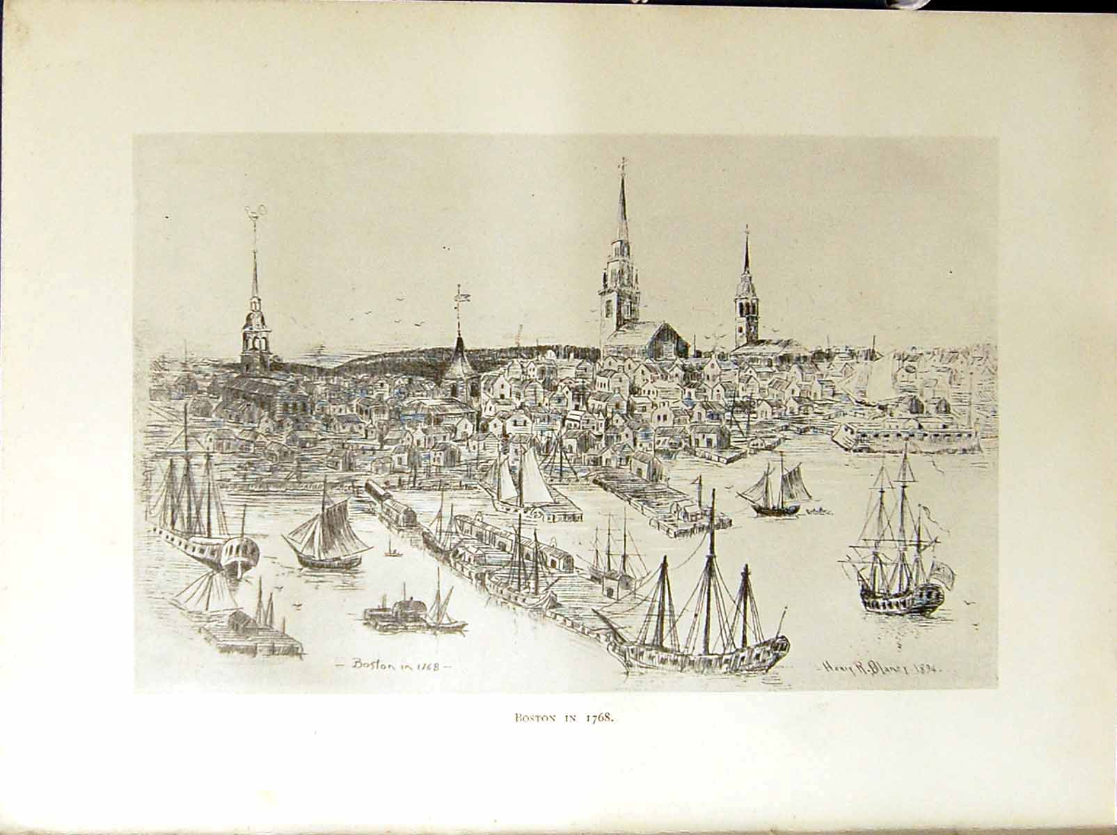 Antique Old Print View Boston Ships Boats Church Houses C1896 Henry Blaney 19th