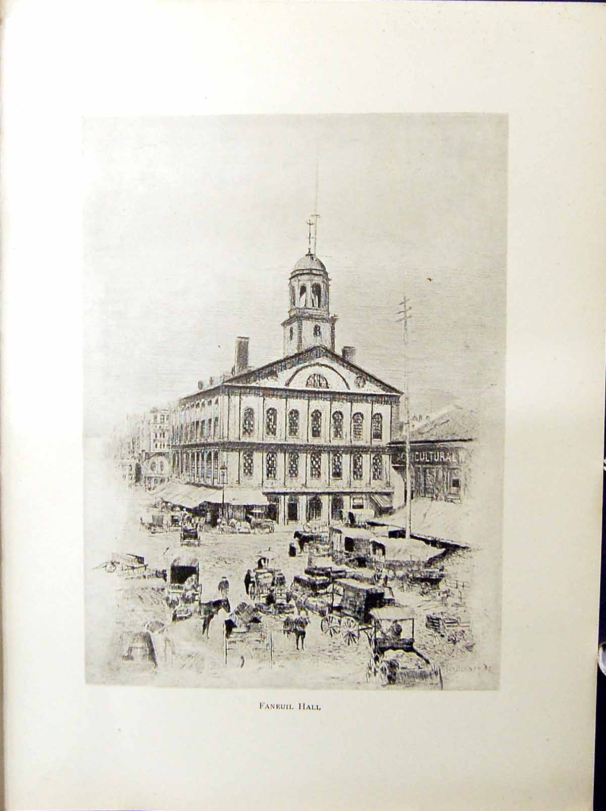 Original Old Antique Print Boston C1896 Henry Blaney Faneuil Hall Architecture
