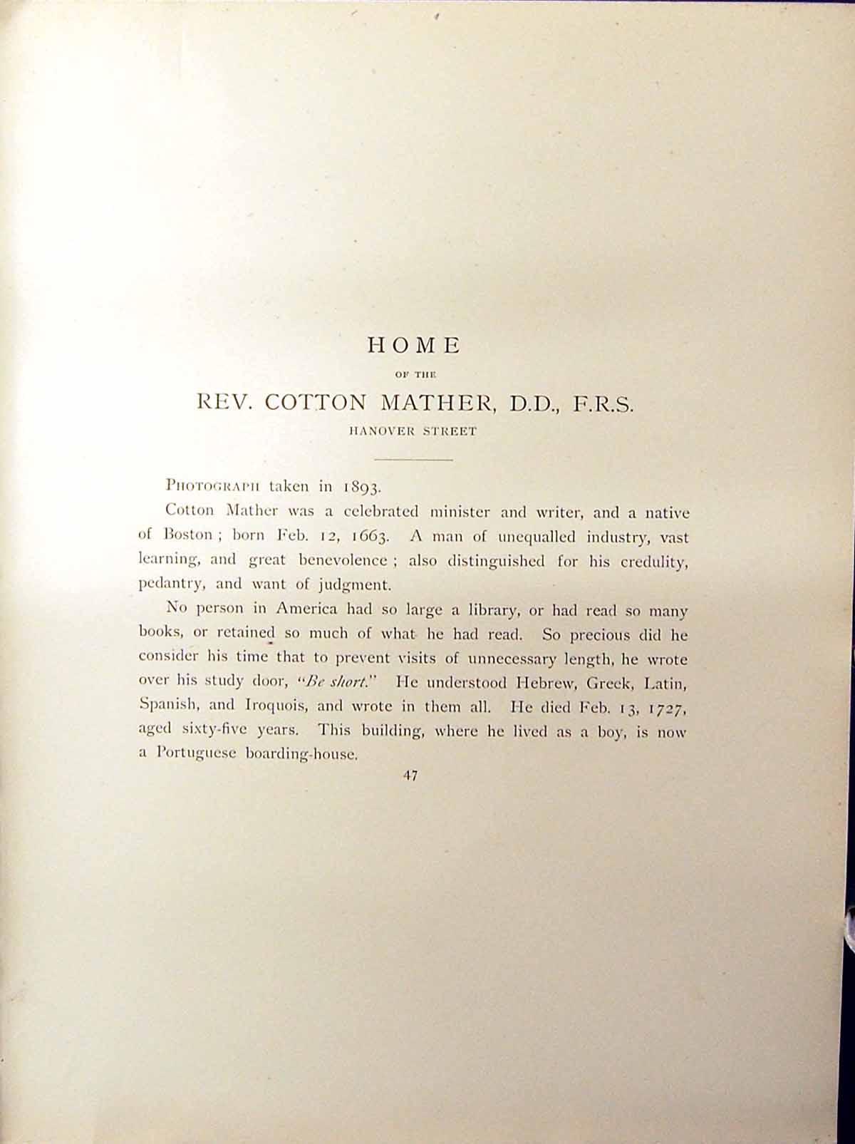 Antique Print Home Rev. Cotton Mather Hanover Street Boston C1896 Henry Bla
