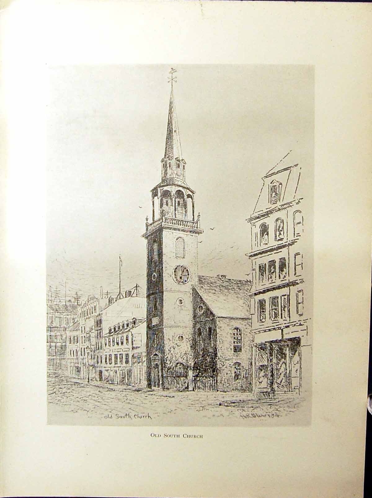 Antique Print South Church Washington Milk Street Boston C1896 Henry Blaney