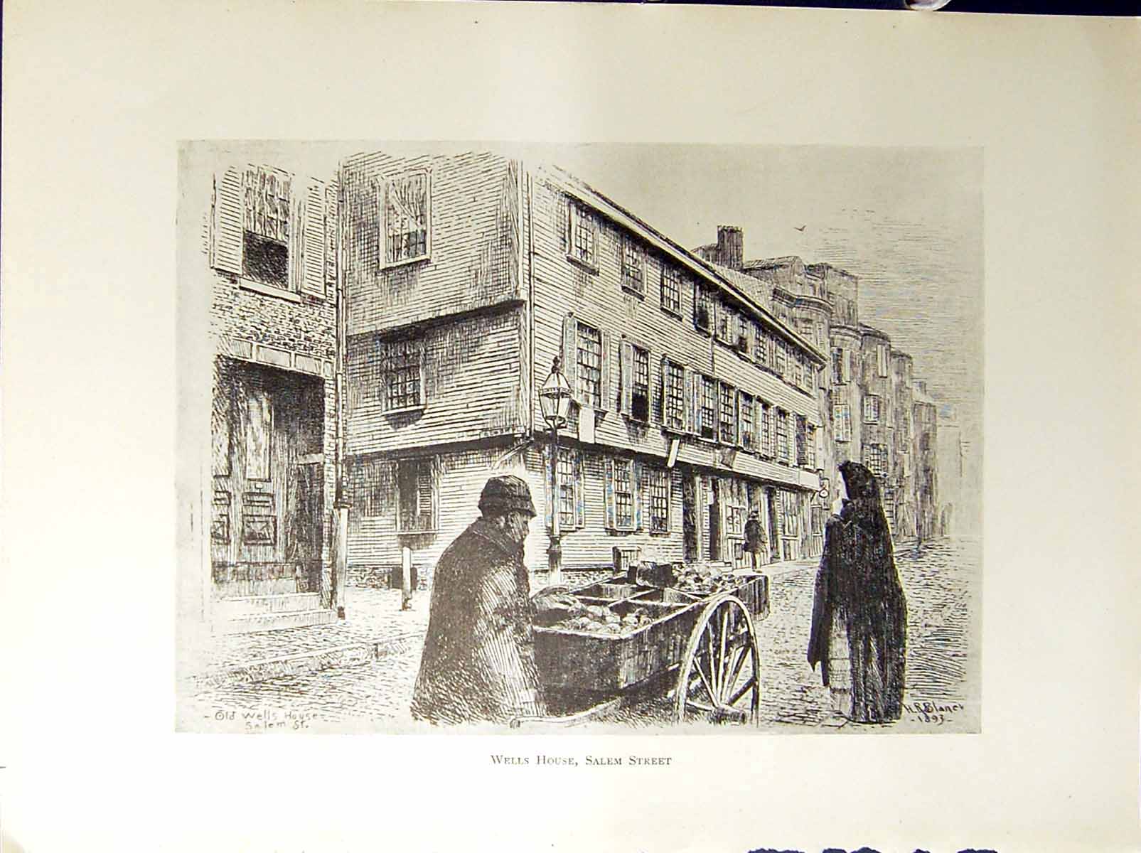 Original Old Antique Print Wells House Salem Street Boston C1896 Henry Blaney