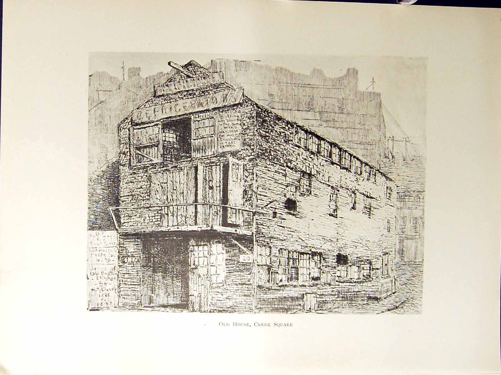Old Antique Print House Creek Square Salt Lane Boston C1896 Henry Blaney 19th