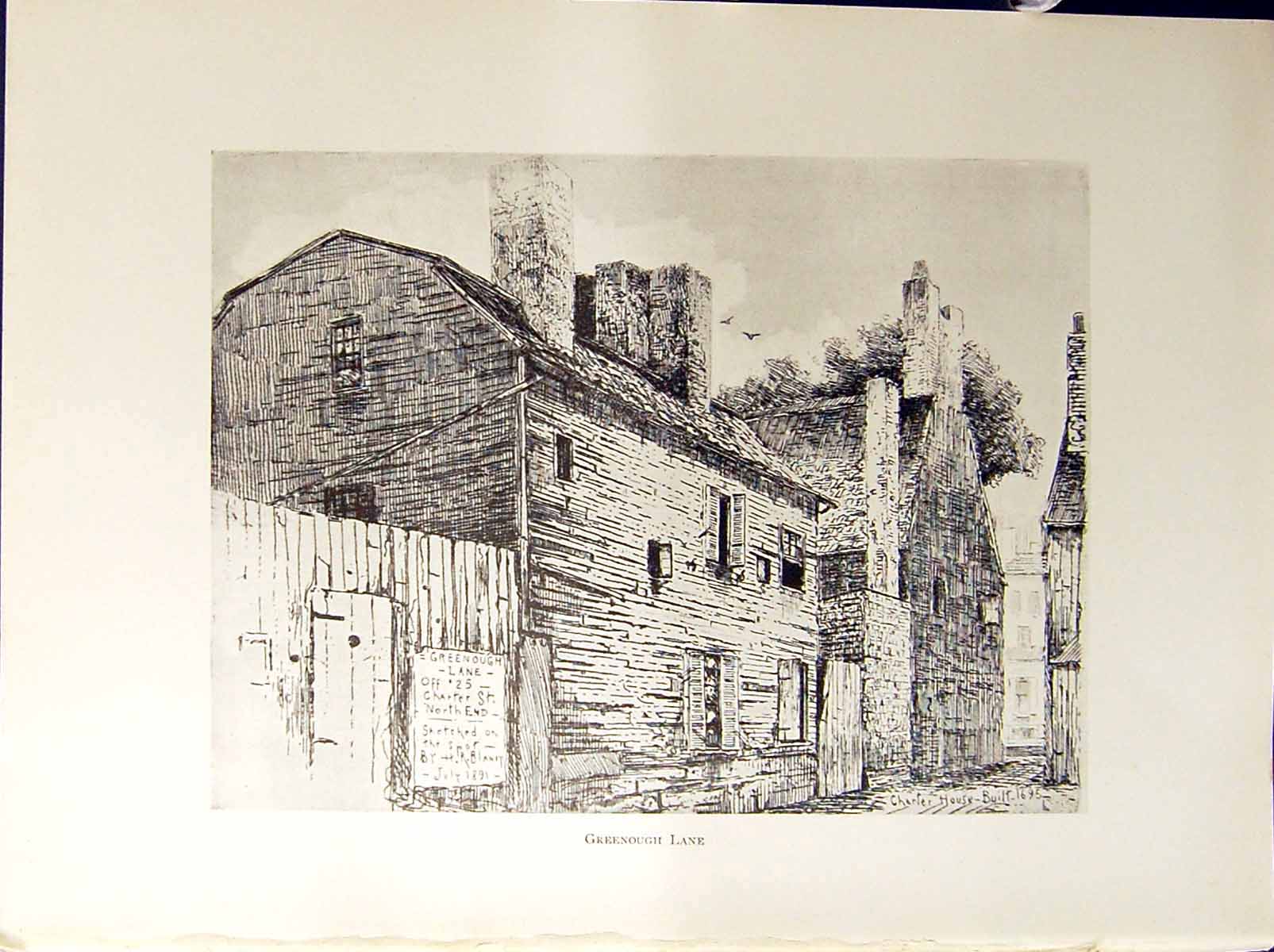 Old Antique Print Greenough Lane Charter Street Boston C1896 Henry Blaney 19th