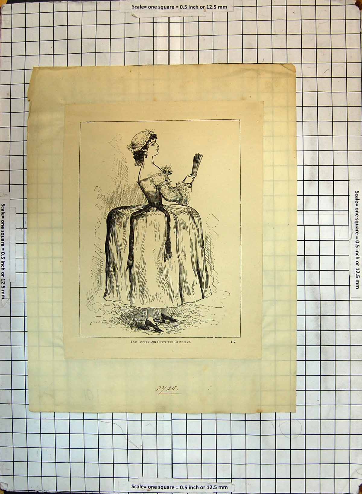 Old Antique Print Beautiful Woman Fashion Dress Curtailed Crinoline 1720