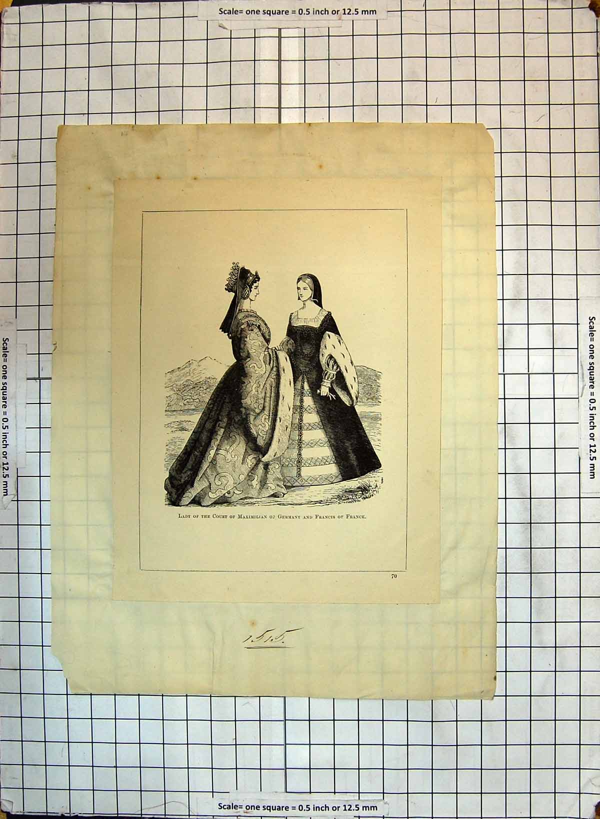 Original Old Antique Print Lady Court Maximilian Germany France Francis Fashion