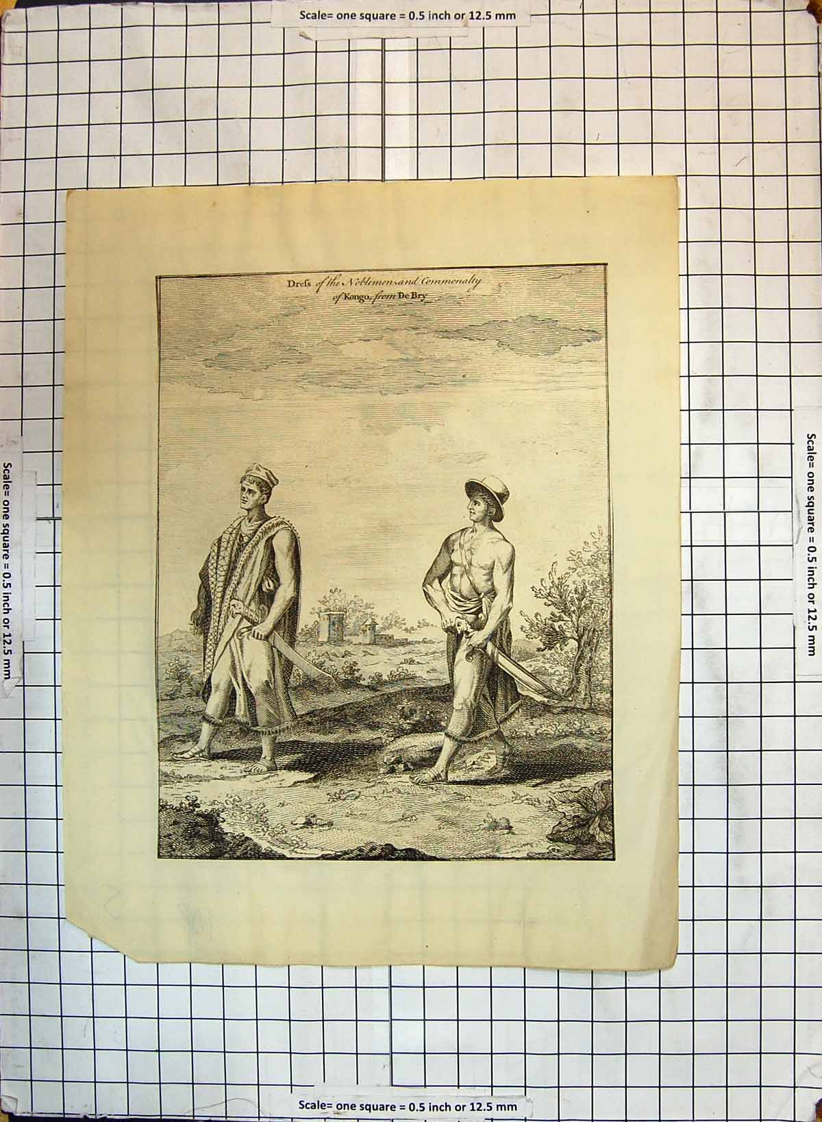 Original Old Antique Print Fashion Dress Noblemen Commonalty Kongo De Bry
