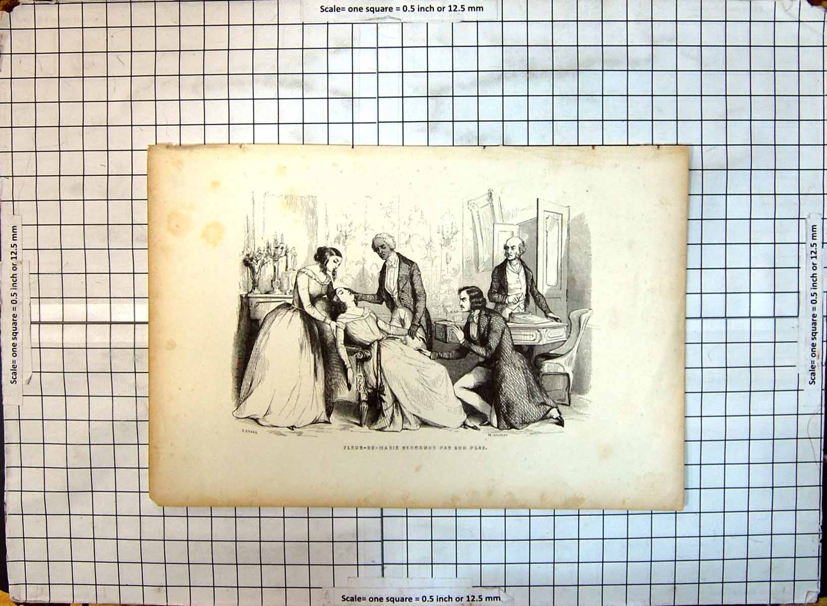 Old Antique Print Fleur-De-Marie Reconnue Par Son Pere Fainted Lady Scene