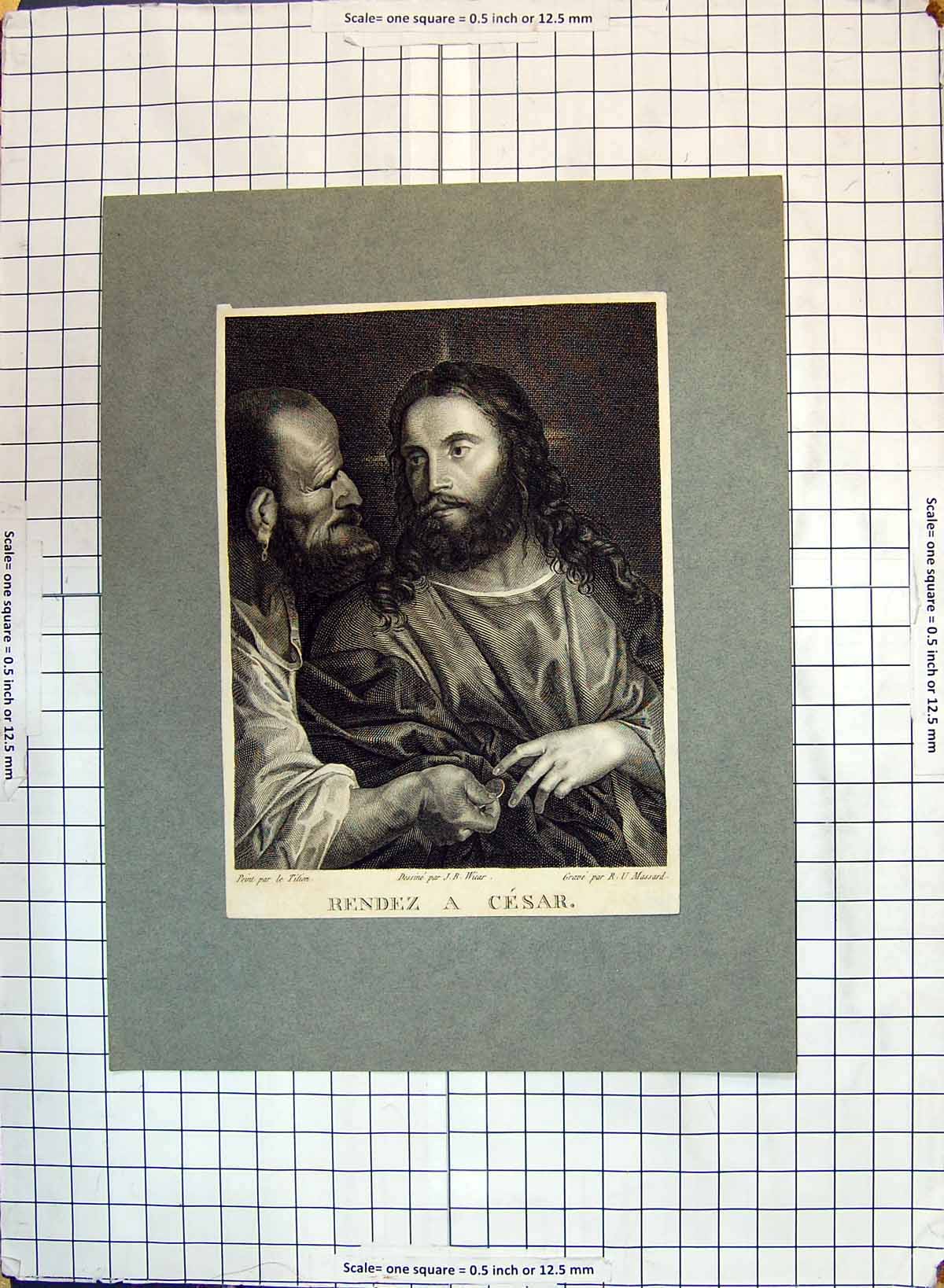Original Old Antique Print Portrait Rendez Cesar Religion Engraving