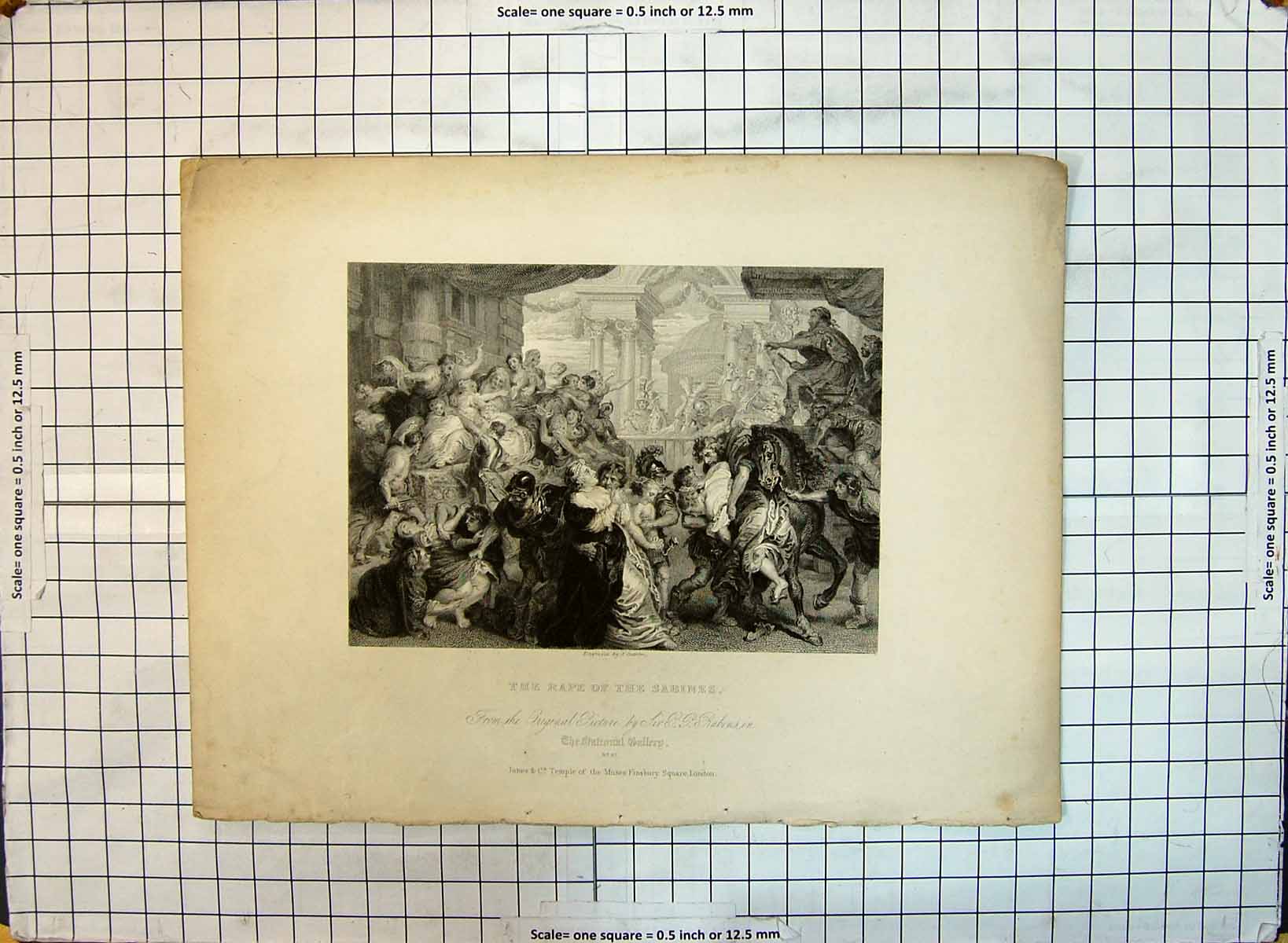 Original Old Antique Print Scene Attack Sabines Engraving Rubens Engraving