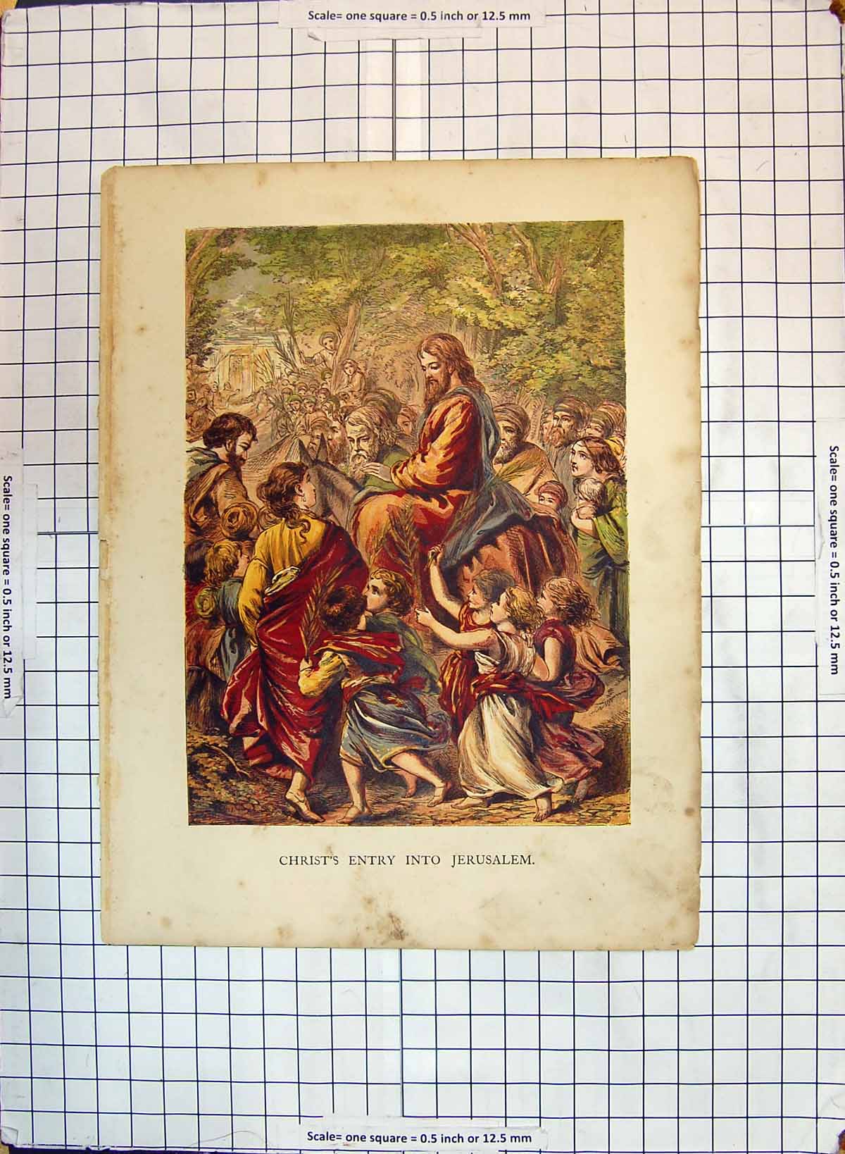 Original Old Antique Print Colour Christ Entry Jerusalem Procession