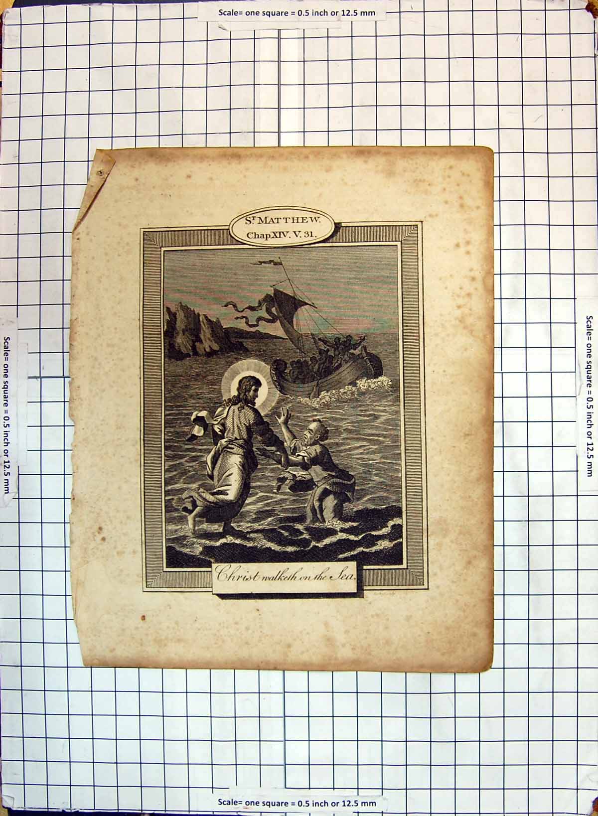 Original Old Antique Print St. Matthew Scene Christ Walking On The Sea Religion