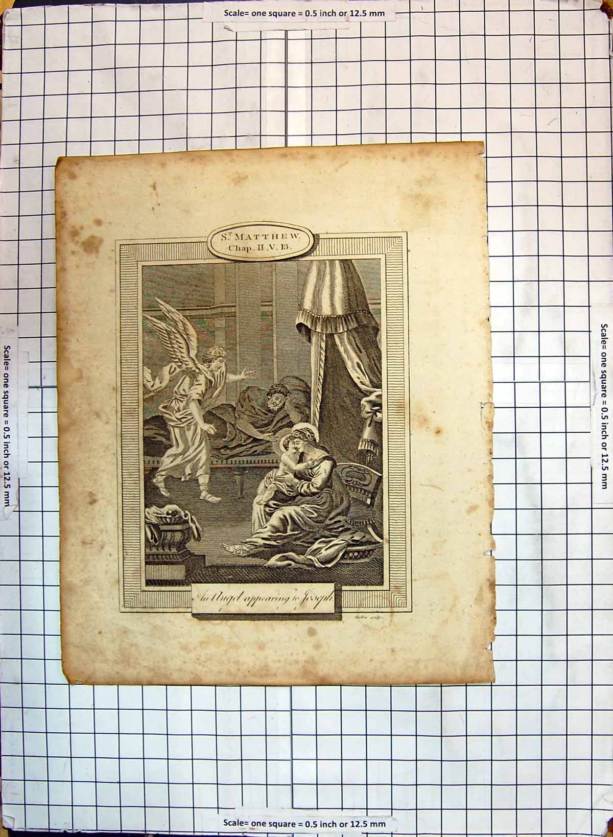 Original Old Antique Print St. Matthew Scene Angel Appearing Joseph Religion