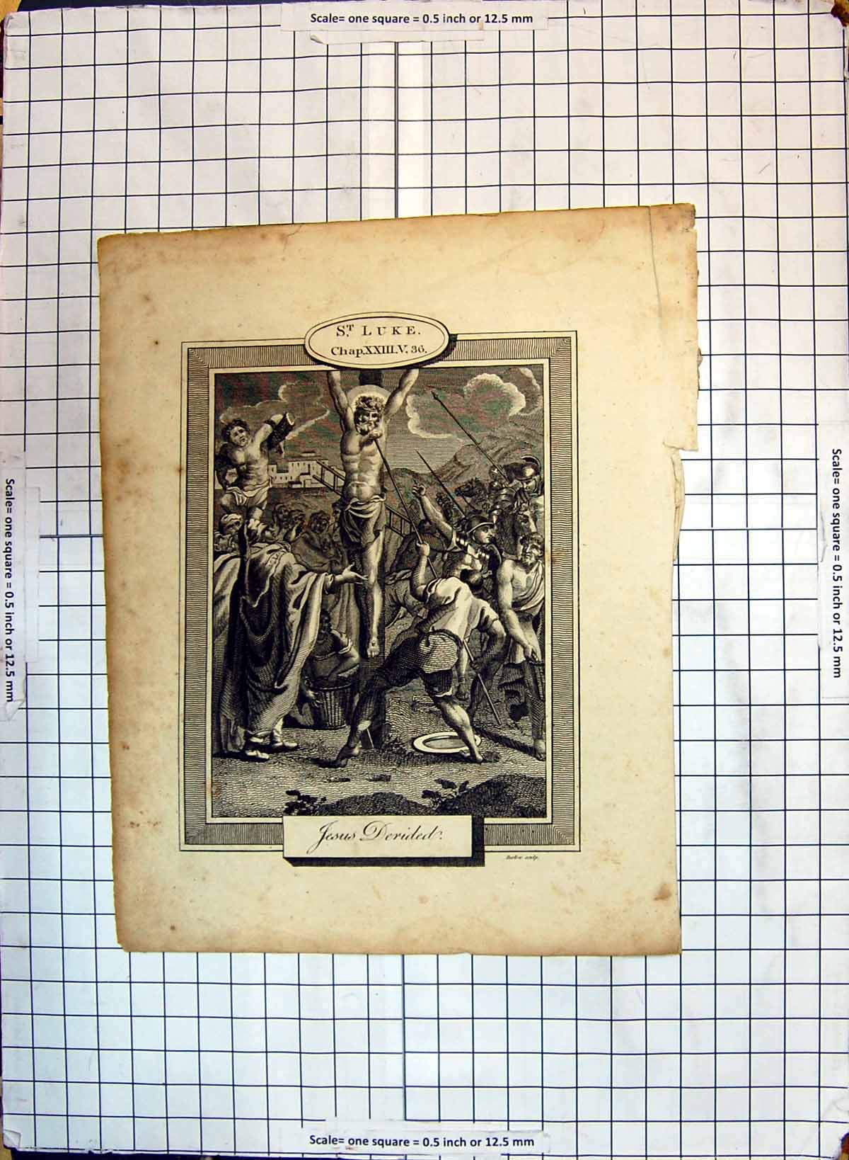 Original Old Antique Print St. Luke Jesus Derided Cross Religion