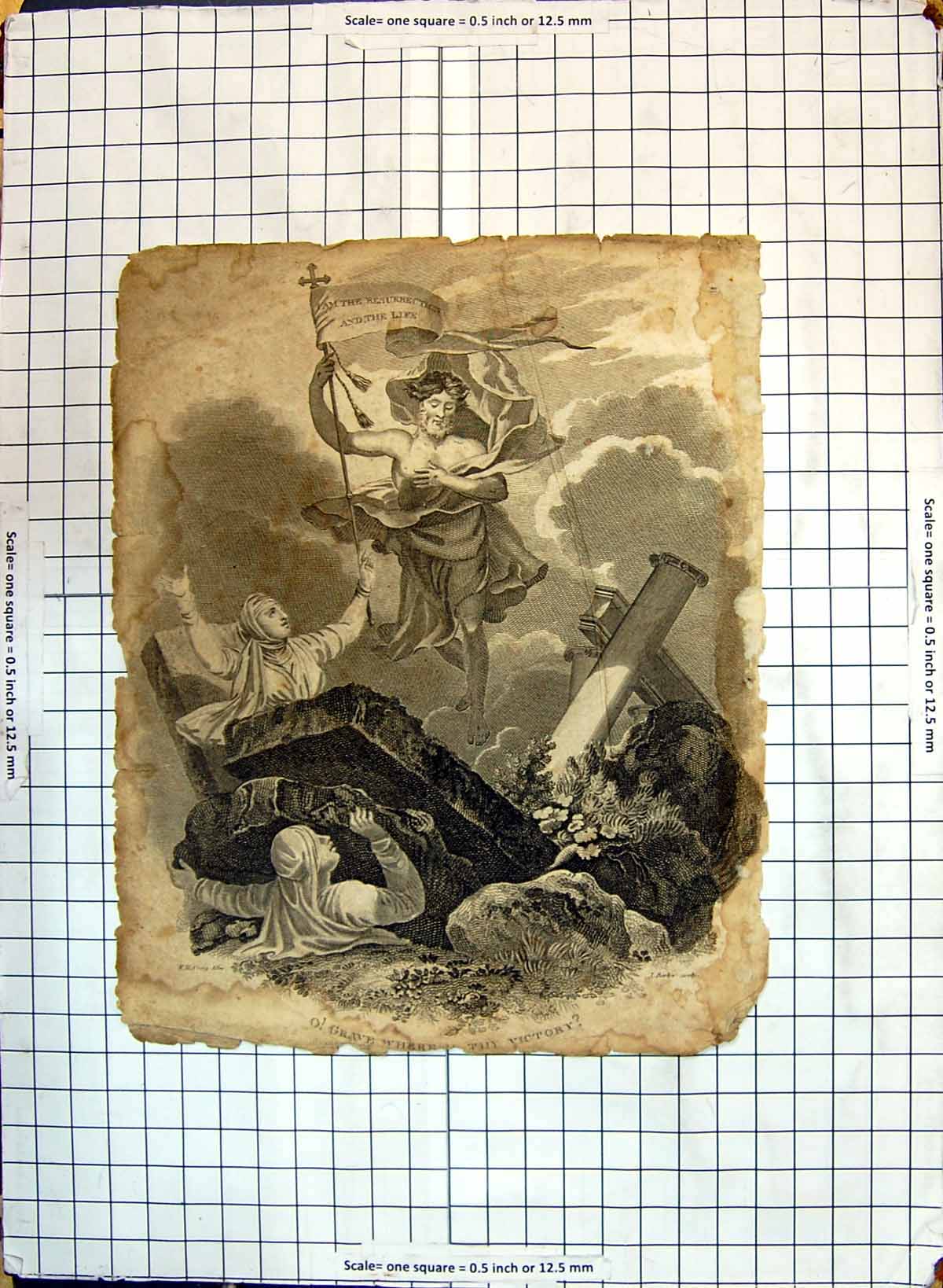 Original Old Antique Print Resurrection Grave Scene Jesus Angels