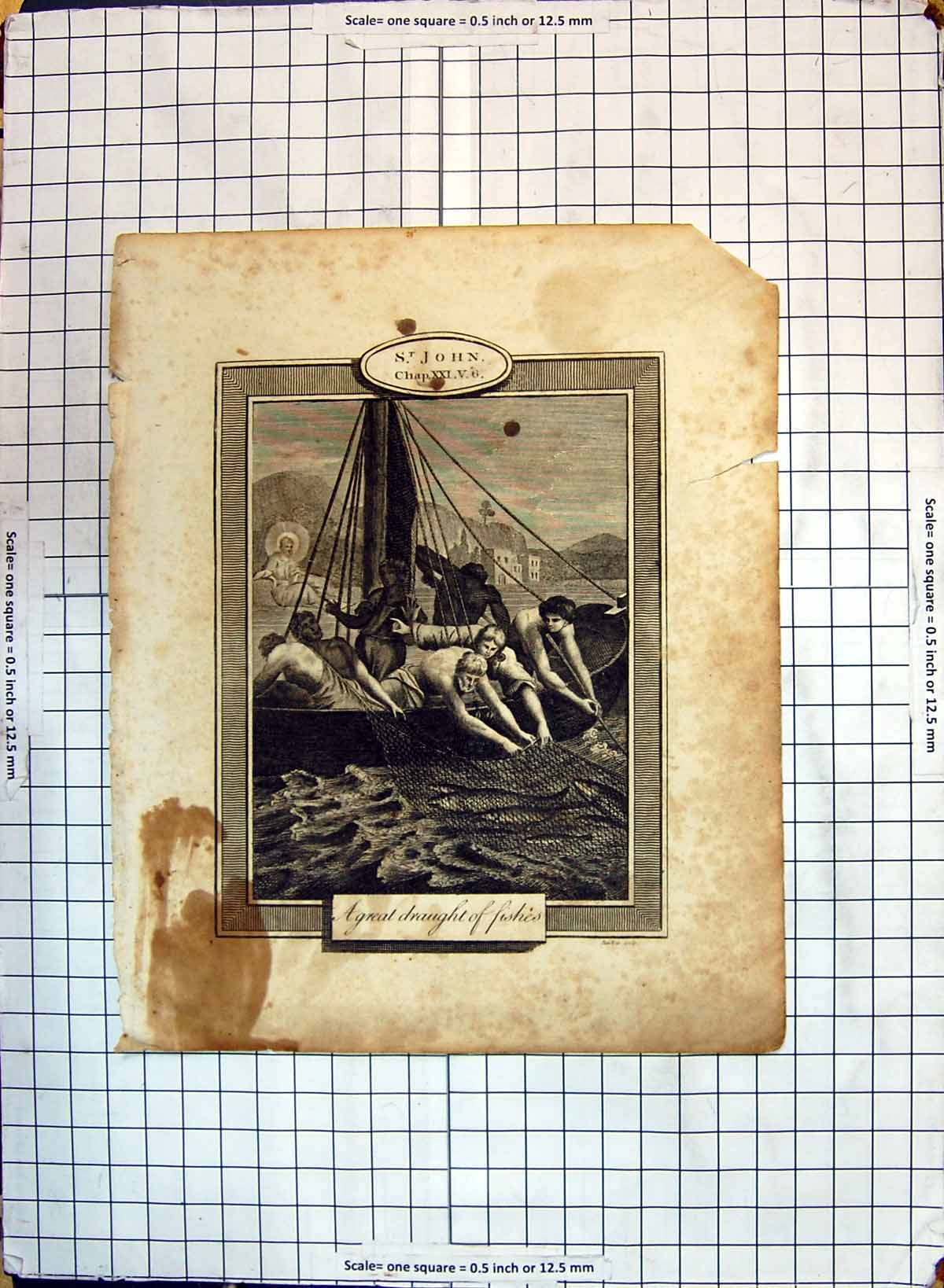 Original Old Antique Print St. John Great Draught Fishes Men Fishing Boat