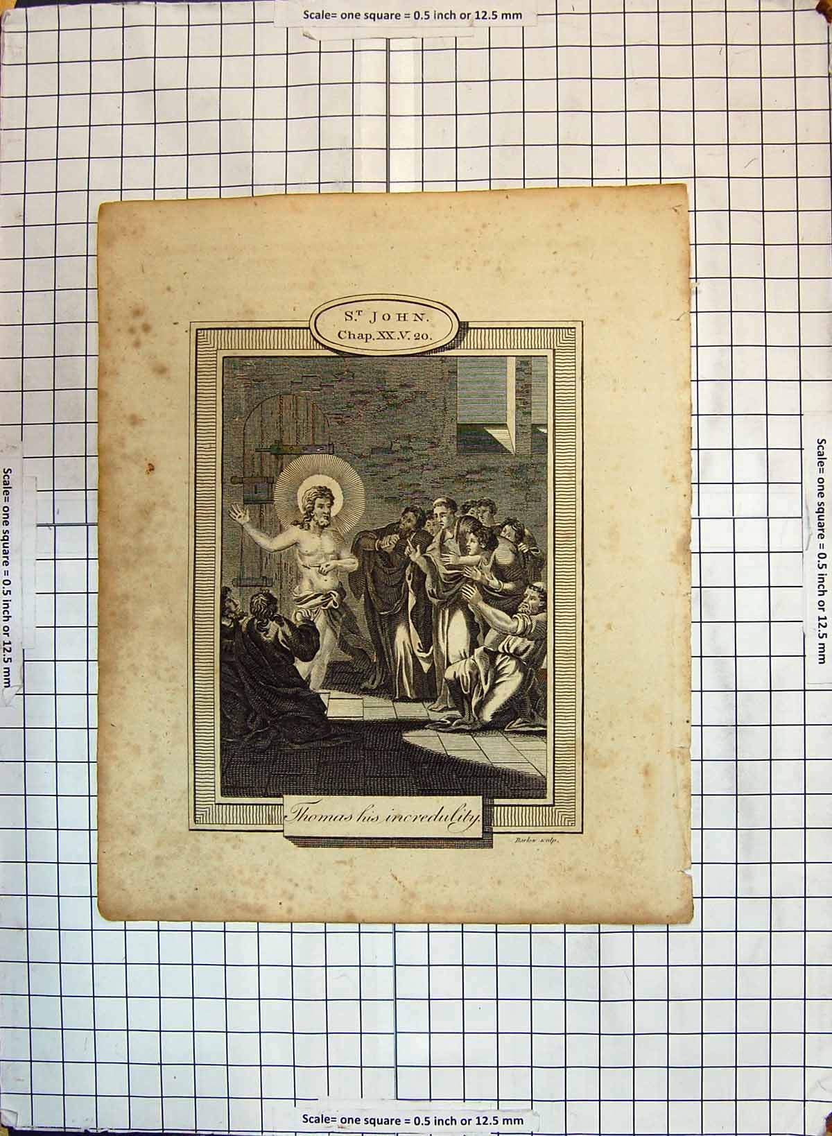 Original Old Antique Print St. John Scene Thomas Incredulity