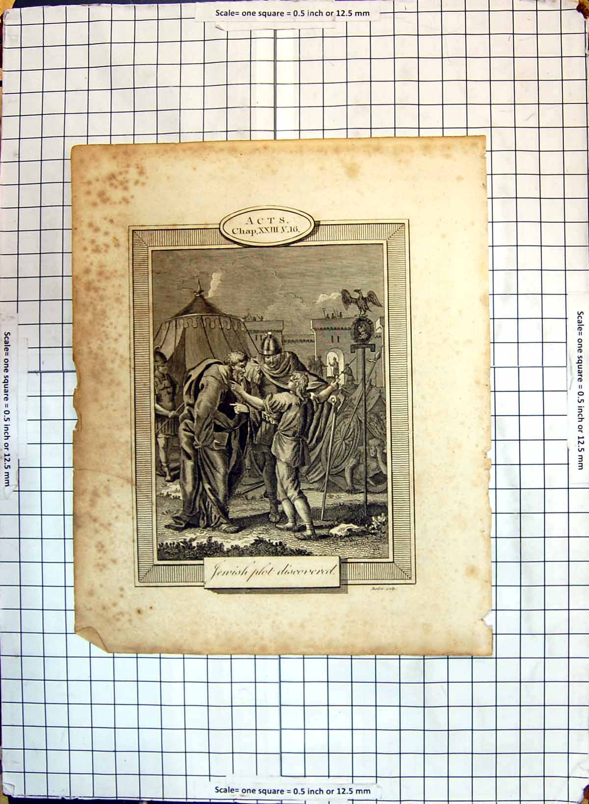 Original Old Antique Print Scene Jewish Plot Discovered Men War Uniforms