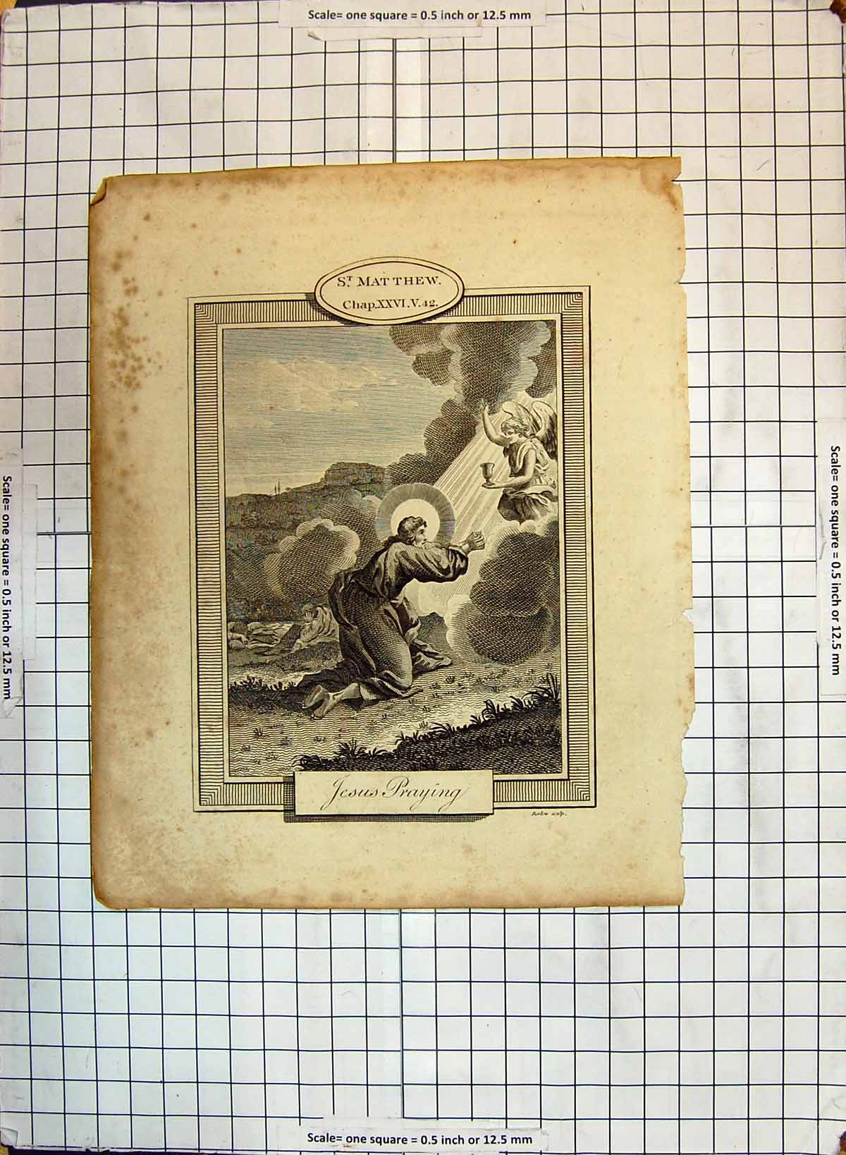 Original Old Antique Print St. Matthew Scene Jesus Christ Praying Engraving
