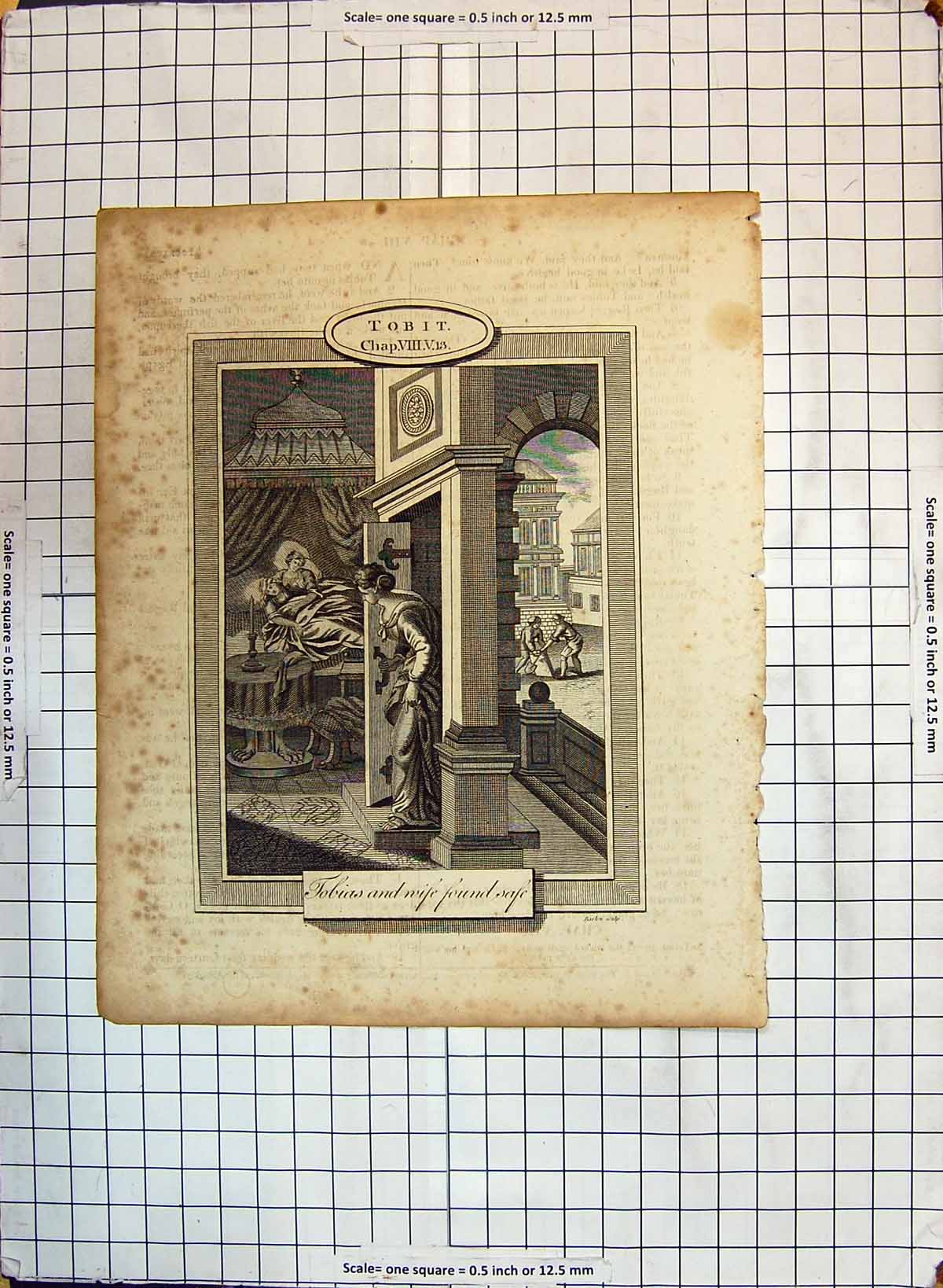 Original Old Antique Print Tobit Tobias Wife Safe House Engraving